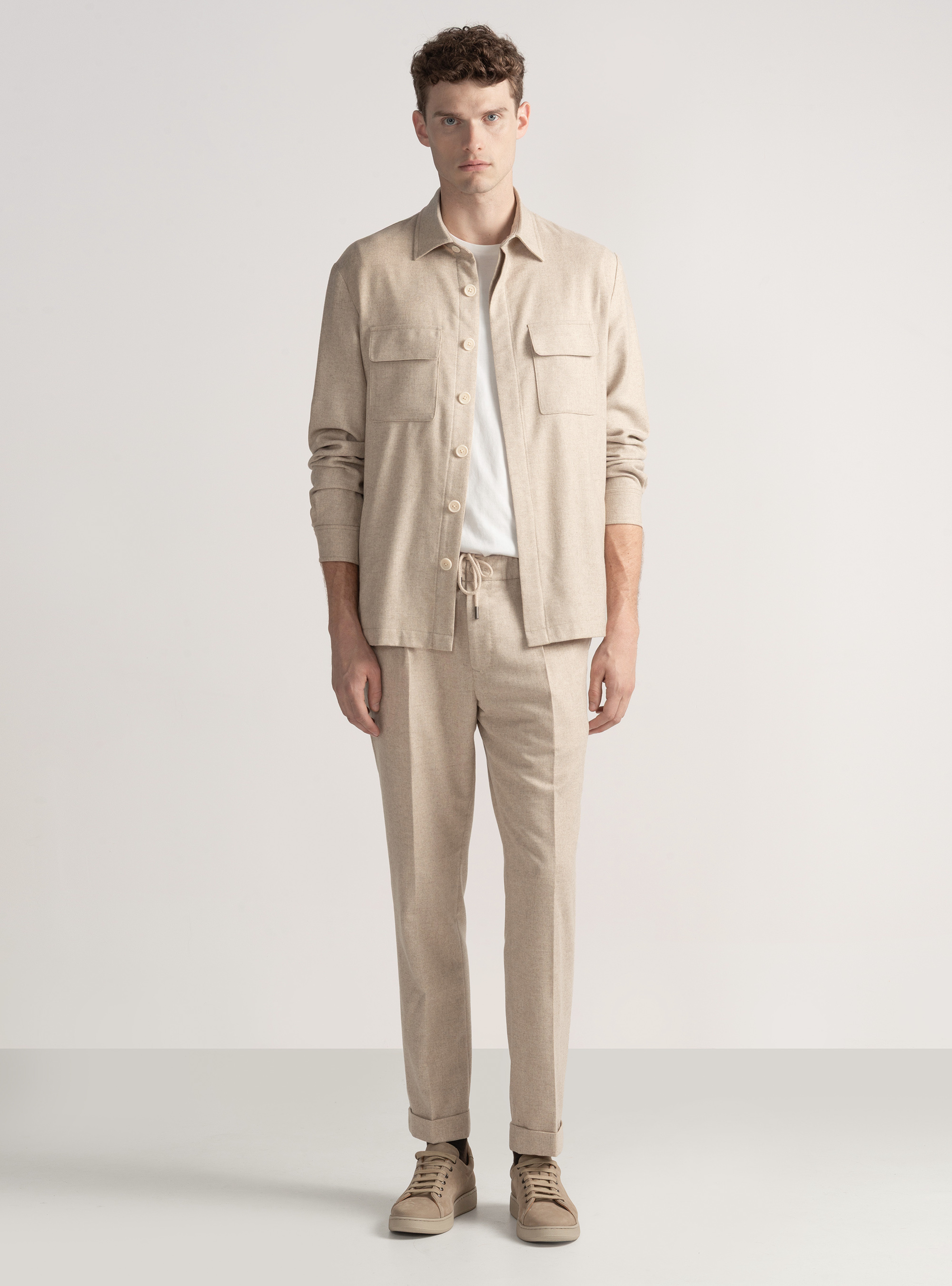 Lightweight wool-blend pleat and drawstring trousers, ECRU