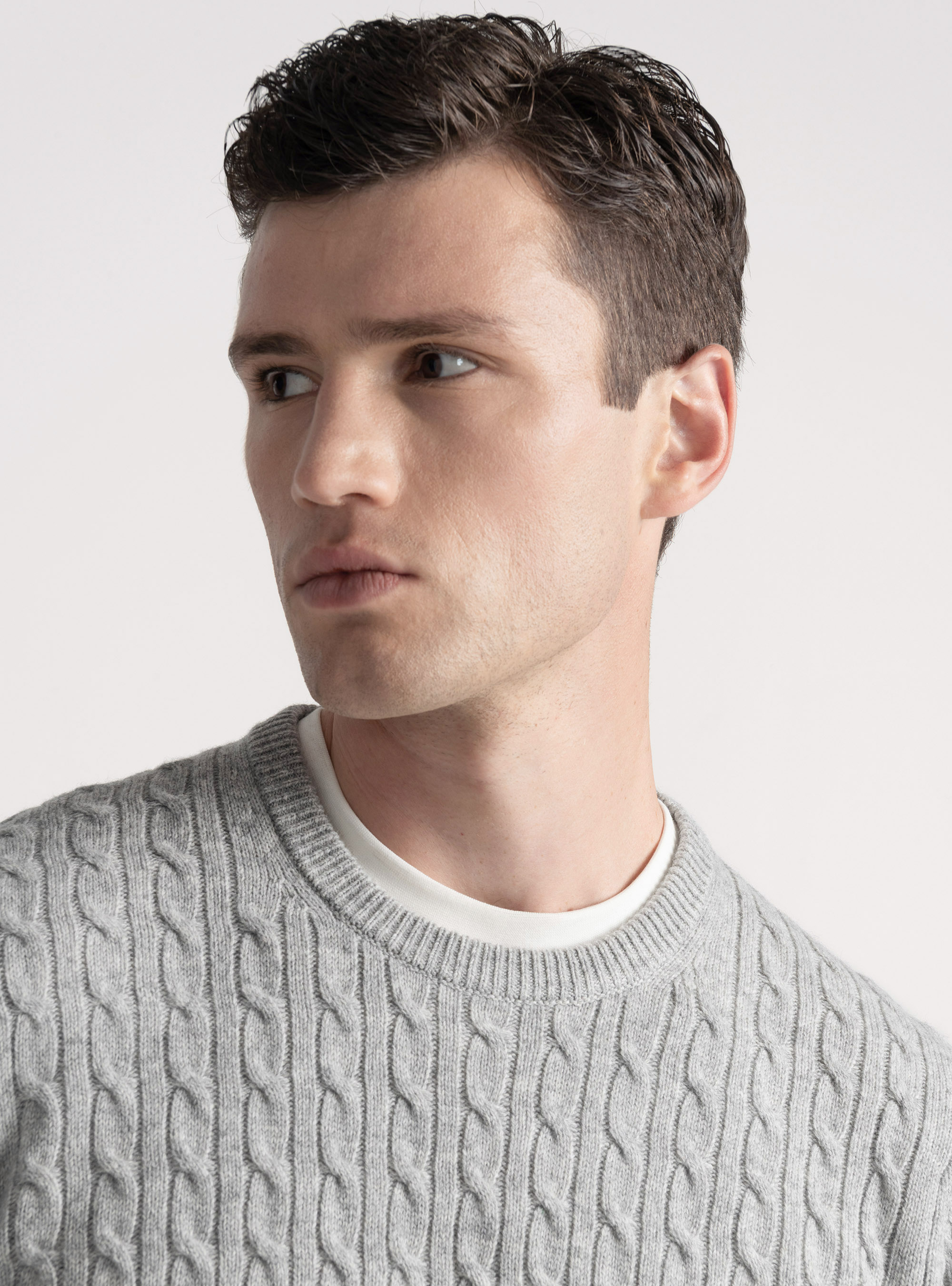 Maglia girocollo con treccia in lana e cashmere, GRIGIO CHIARO MELANGE
