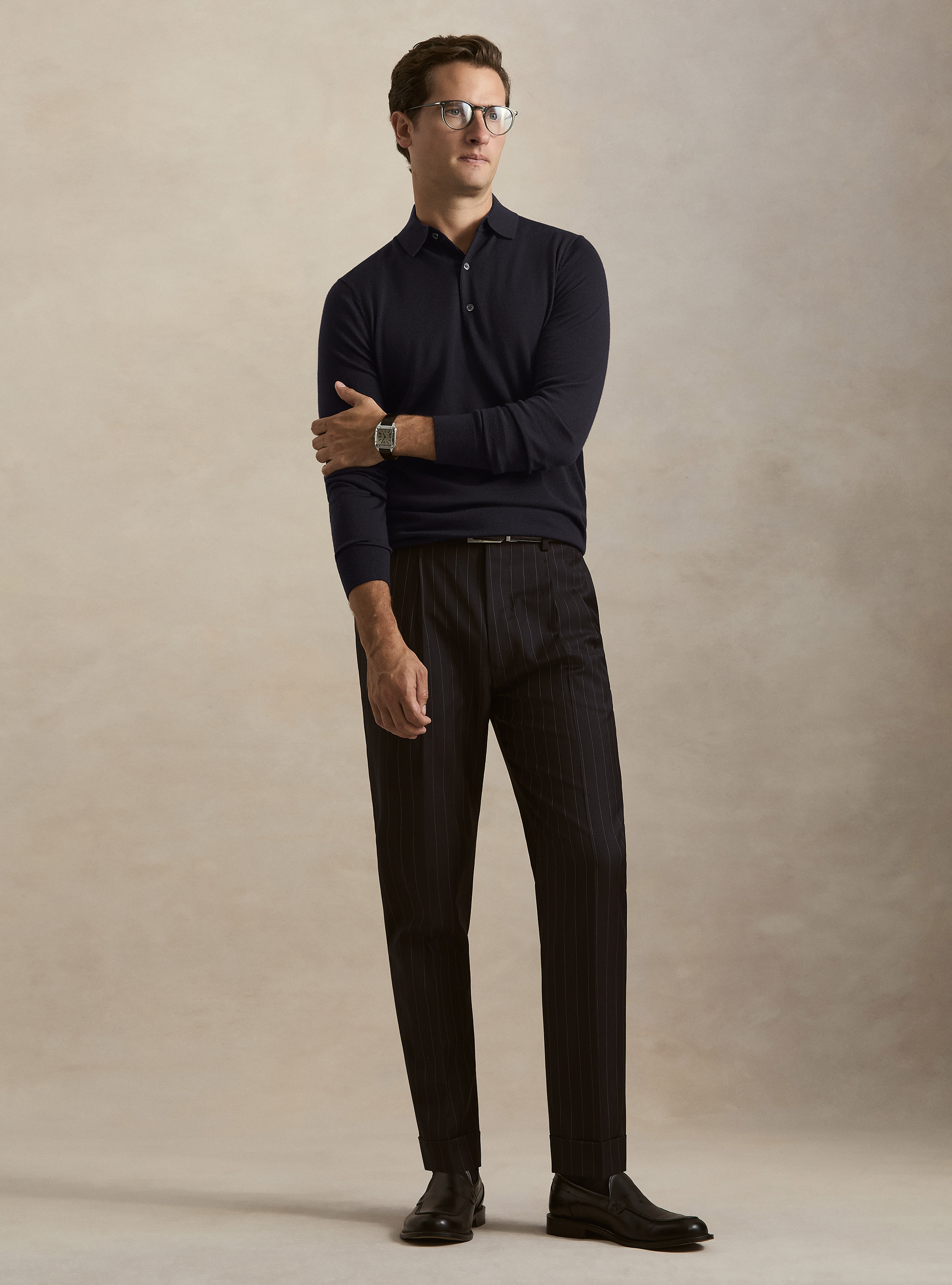 Strick-Poloshirt aus extrafeiner Merinowolle, NAVY 0218C