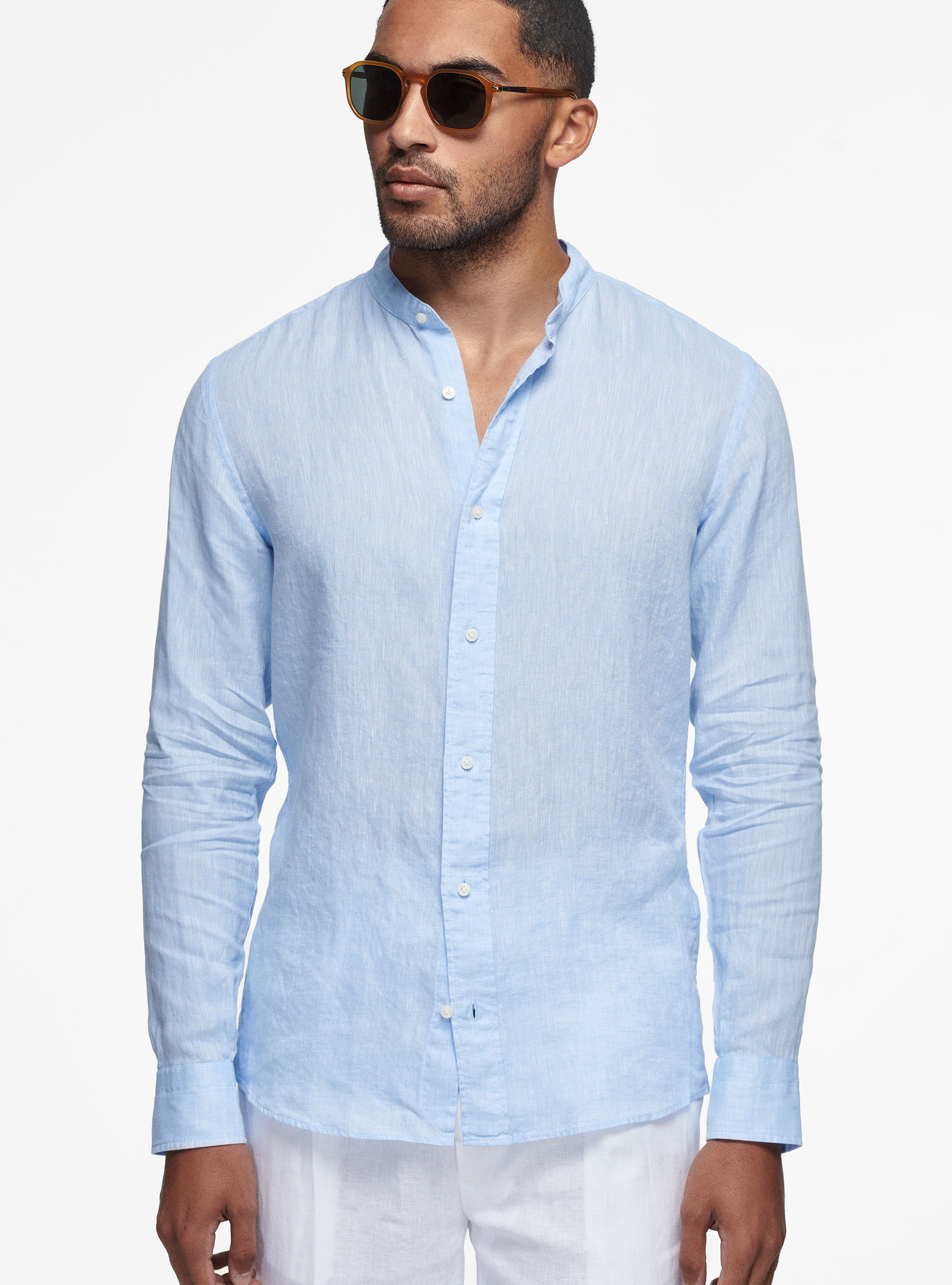Korean shirt in pure linen, LIGHT BLUE