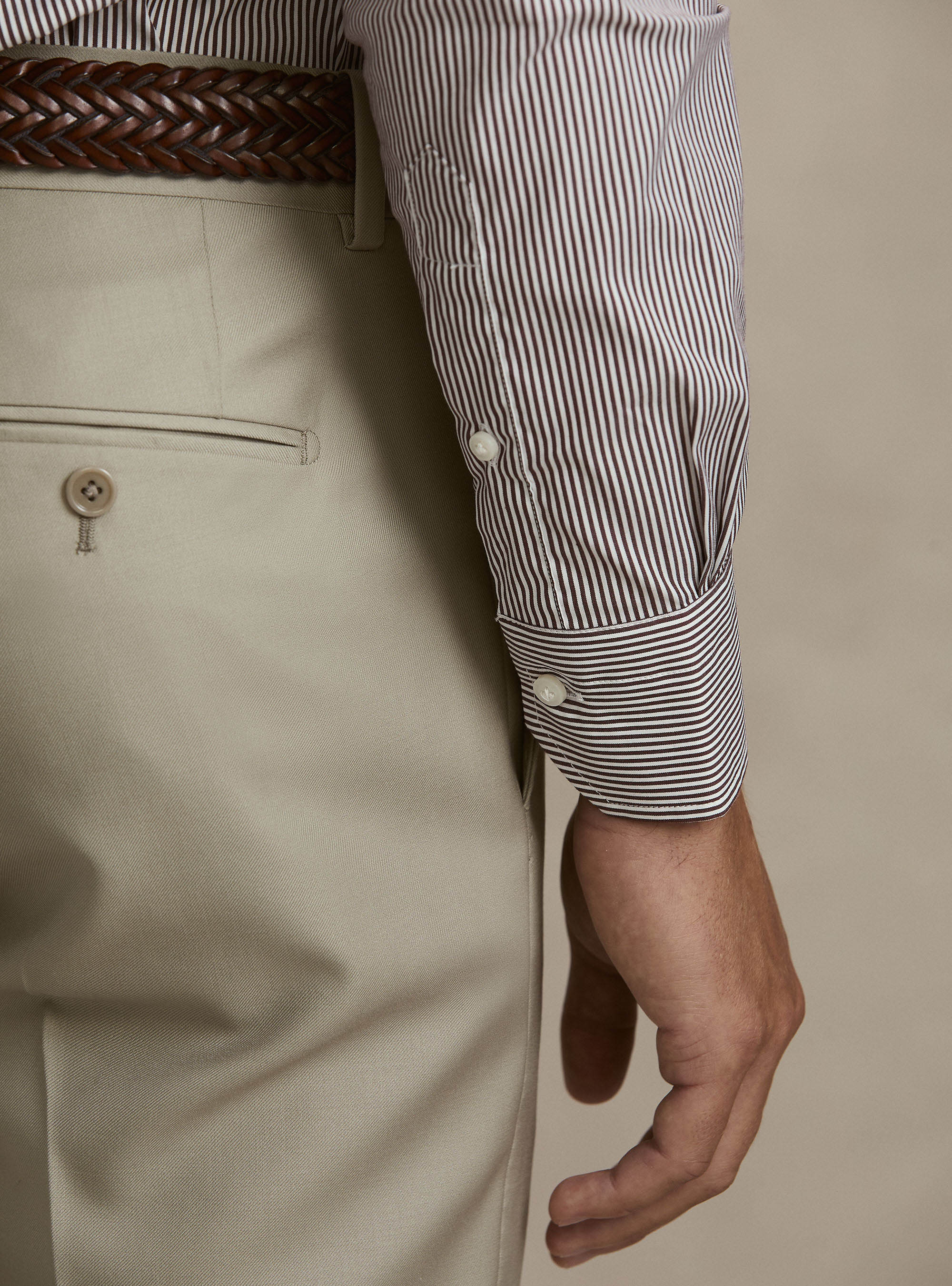 Camicia in cotone rigato popeline stretch, MARRONE