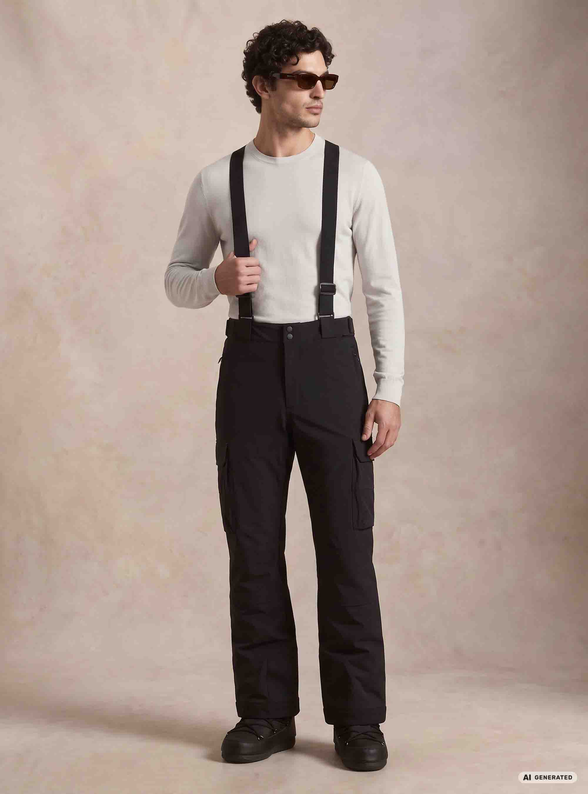 Pantaloni da sci con tasconi e bretelle, NERO
