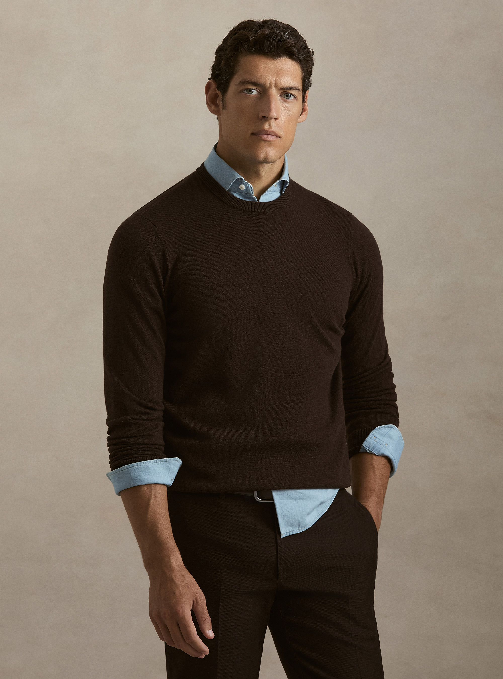 Wool and cashmere blend crewneck sweater, BROWN