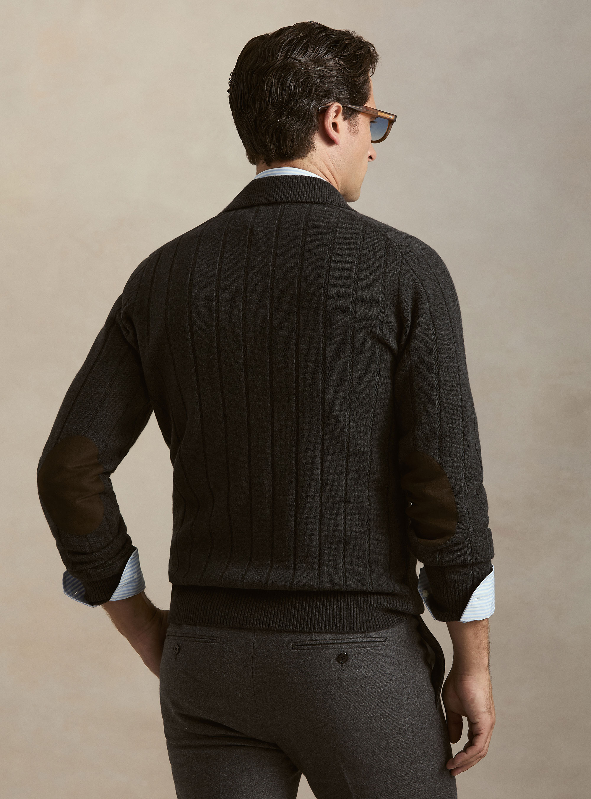 Maglia full zip con colletto in lana e cashmere a costa piatta, ASFALTO