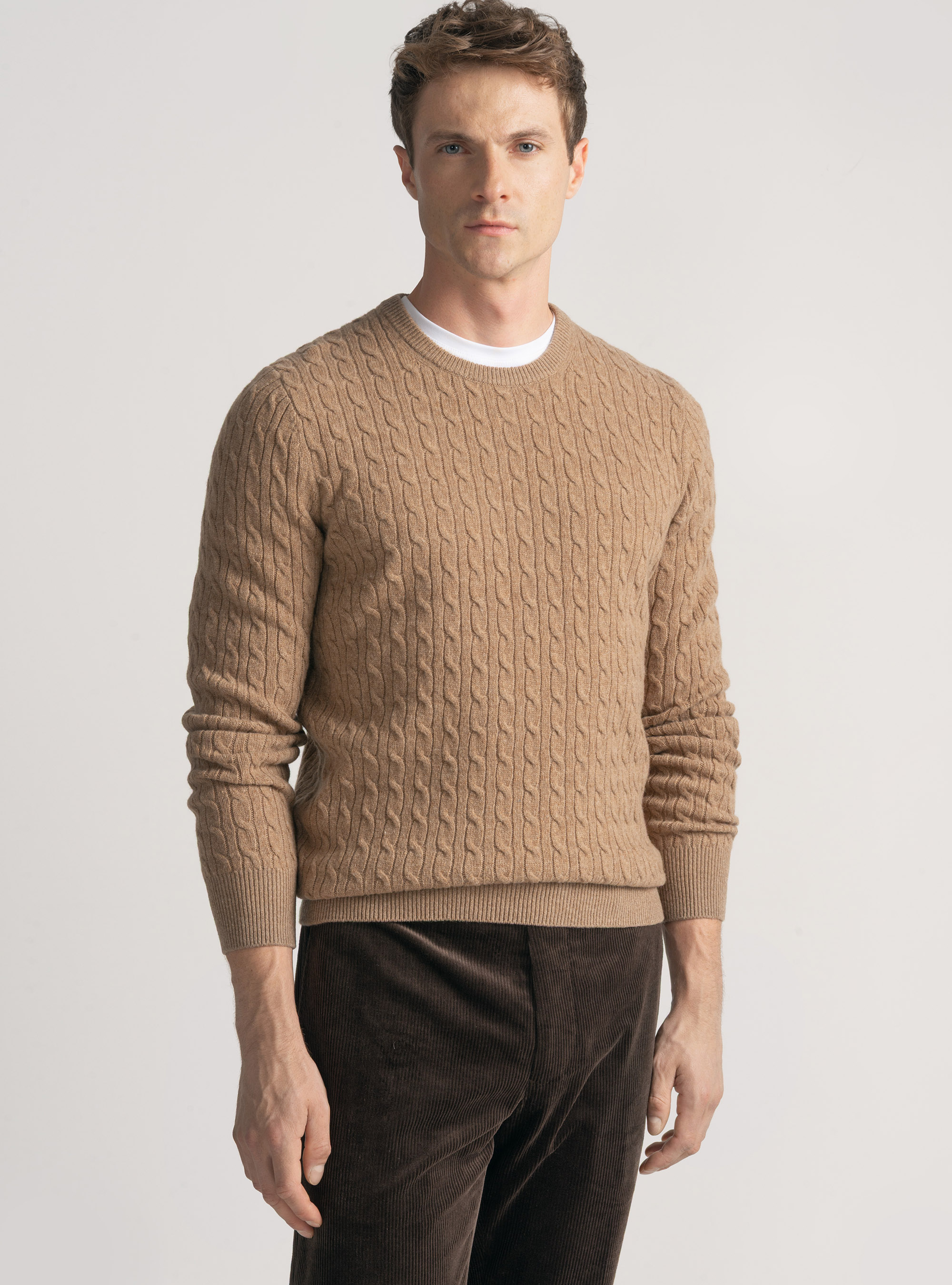 Maglia girocollo con treccia in lana e cashmere, CAMMELLO 0570C