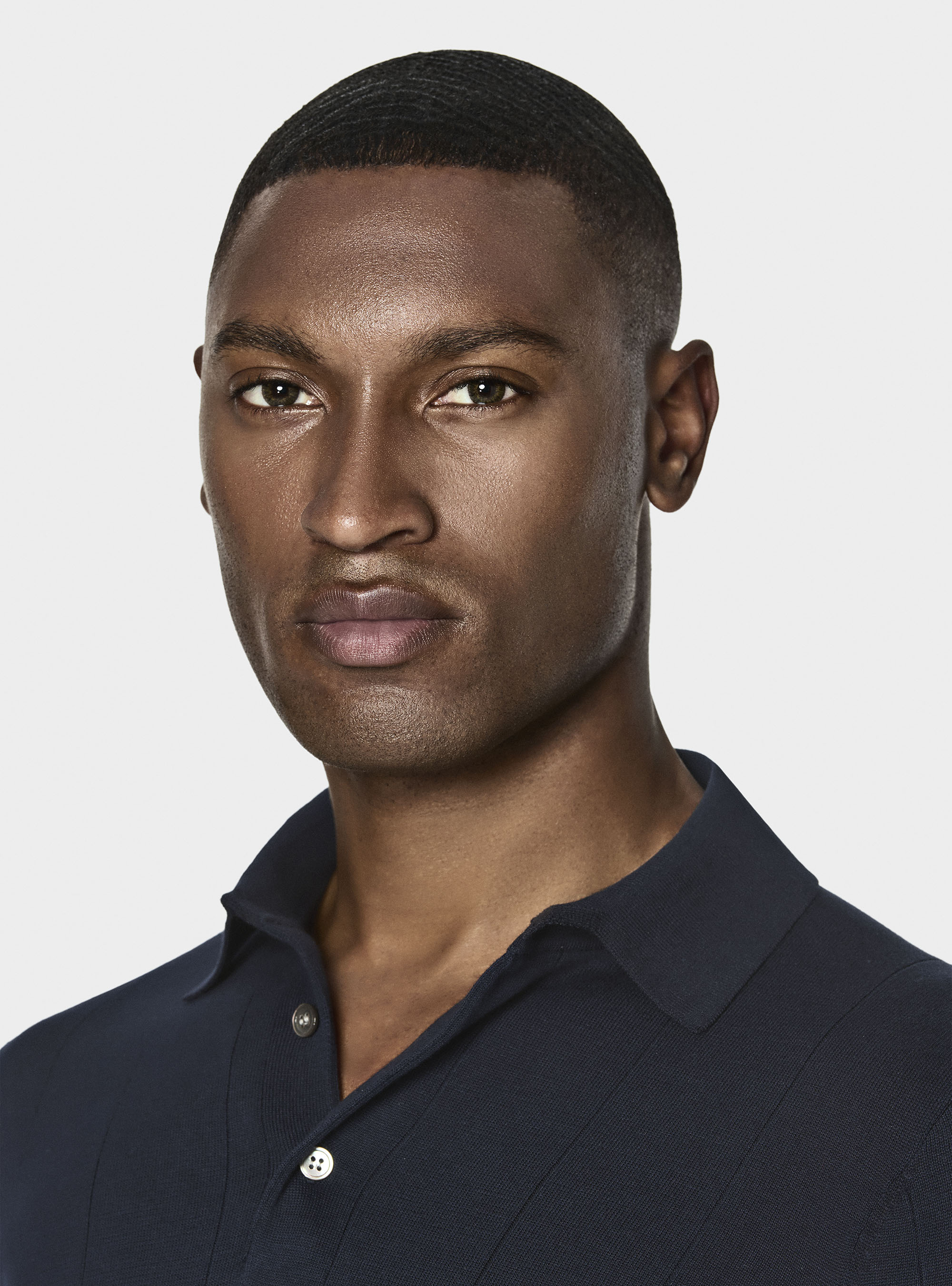 Long-sleeved knit polo shirt, NAVY BLUE