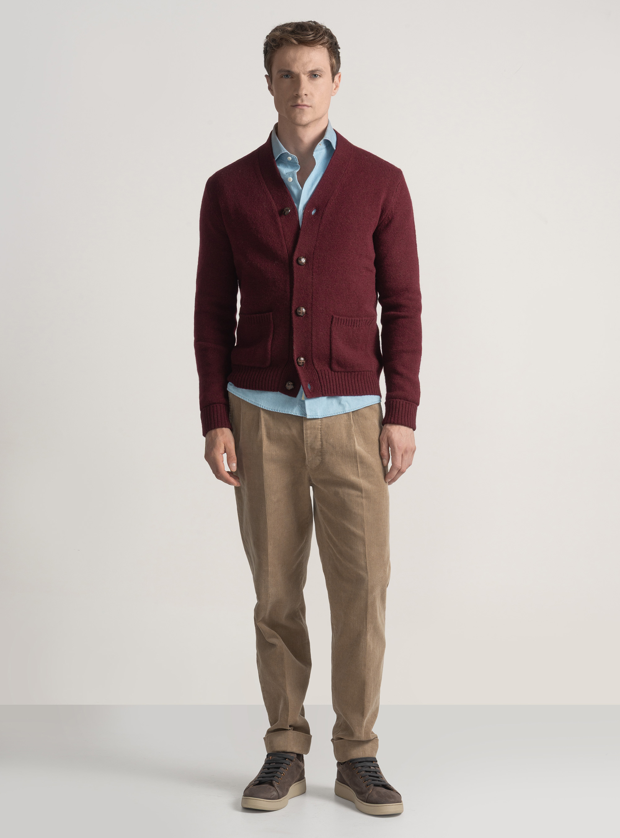 Cardigan in maglia di lana shetland, BORDEAUX