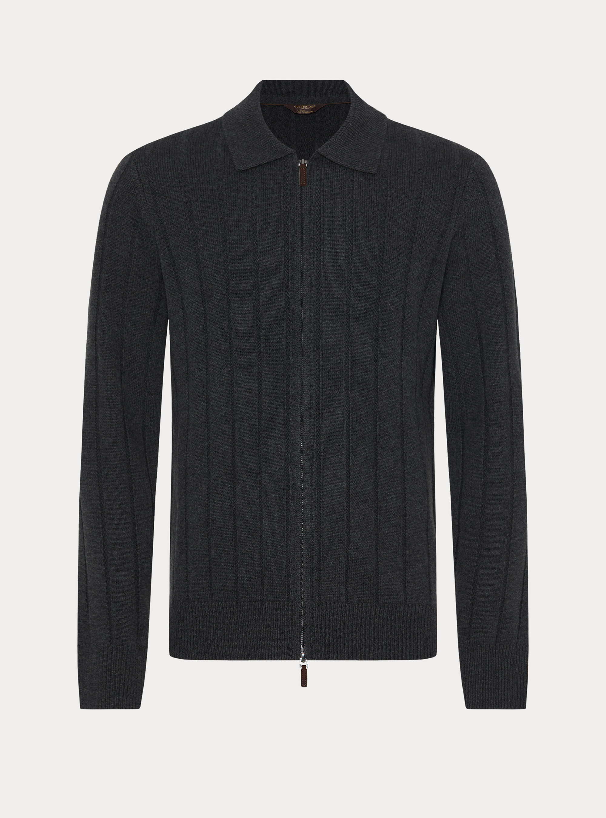 Maglia full zip con colletto in lana e cashmere a costa piatta, ASFALTO