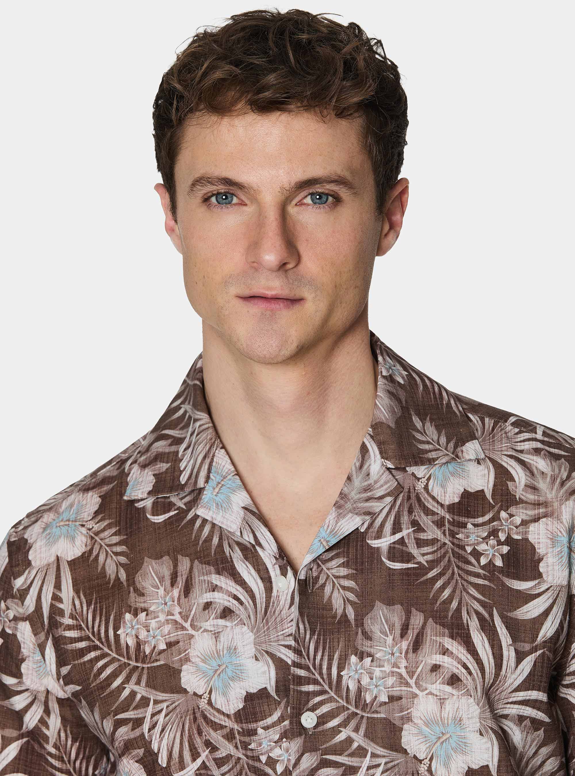 Camicia bowling in lino e cotone stampato, MARRONE