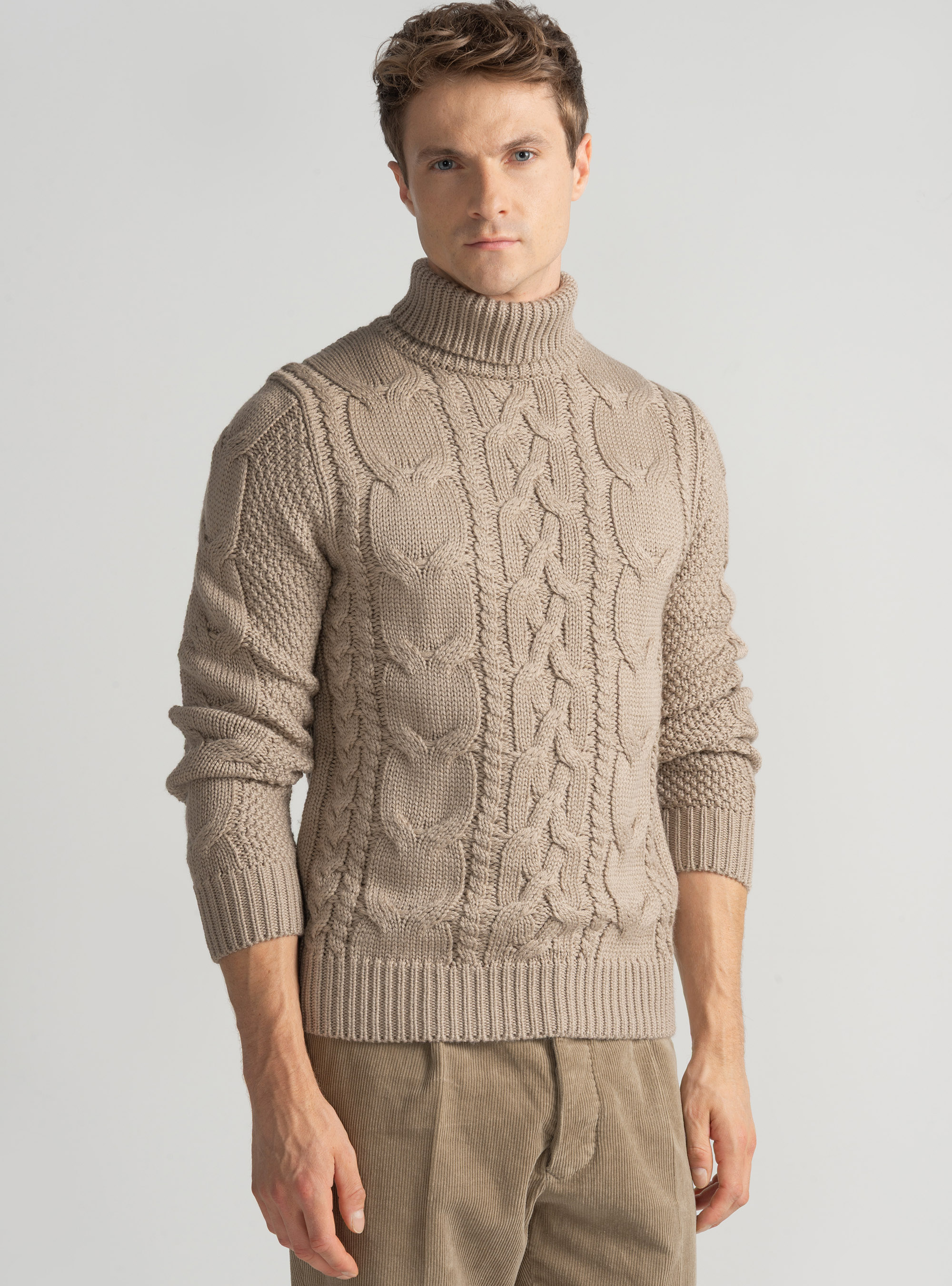 Wool-blend turtleneck sweater with braid, SAND