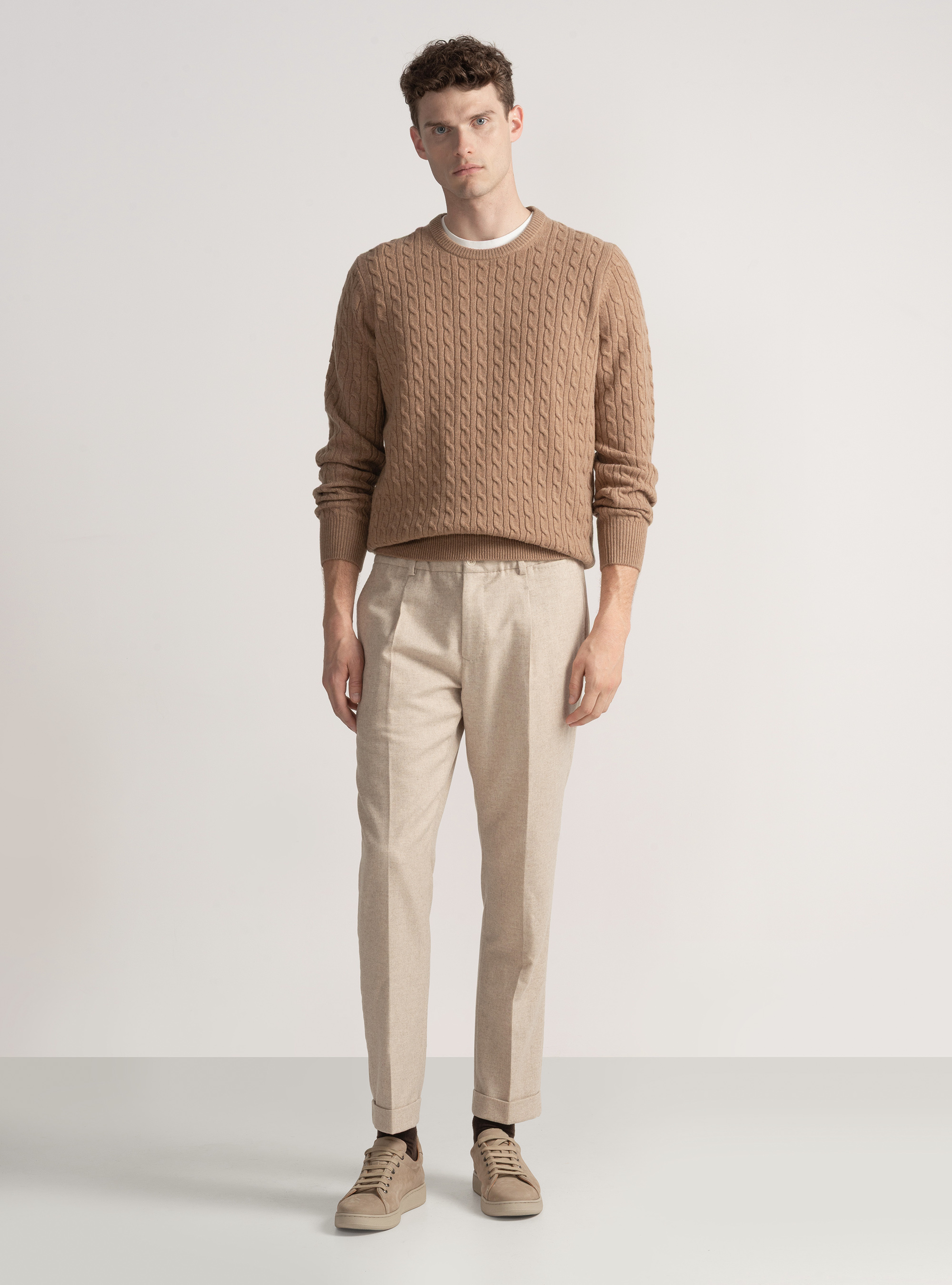 Maglia girocollo con treccia in lana e cashmere, CAMMELLO 0570C