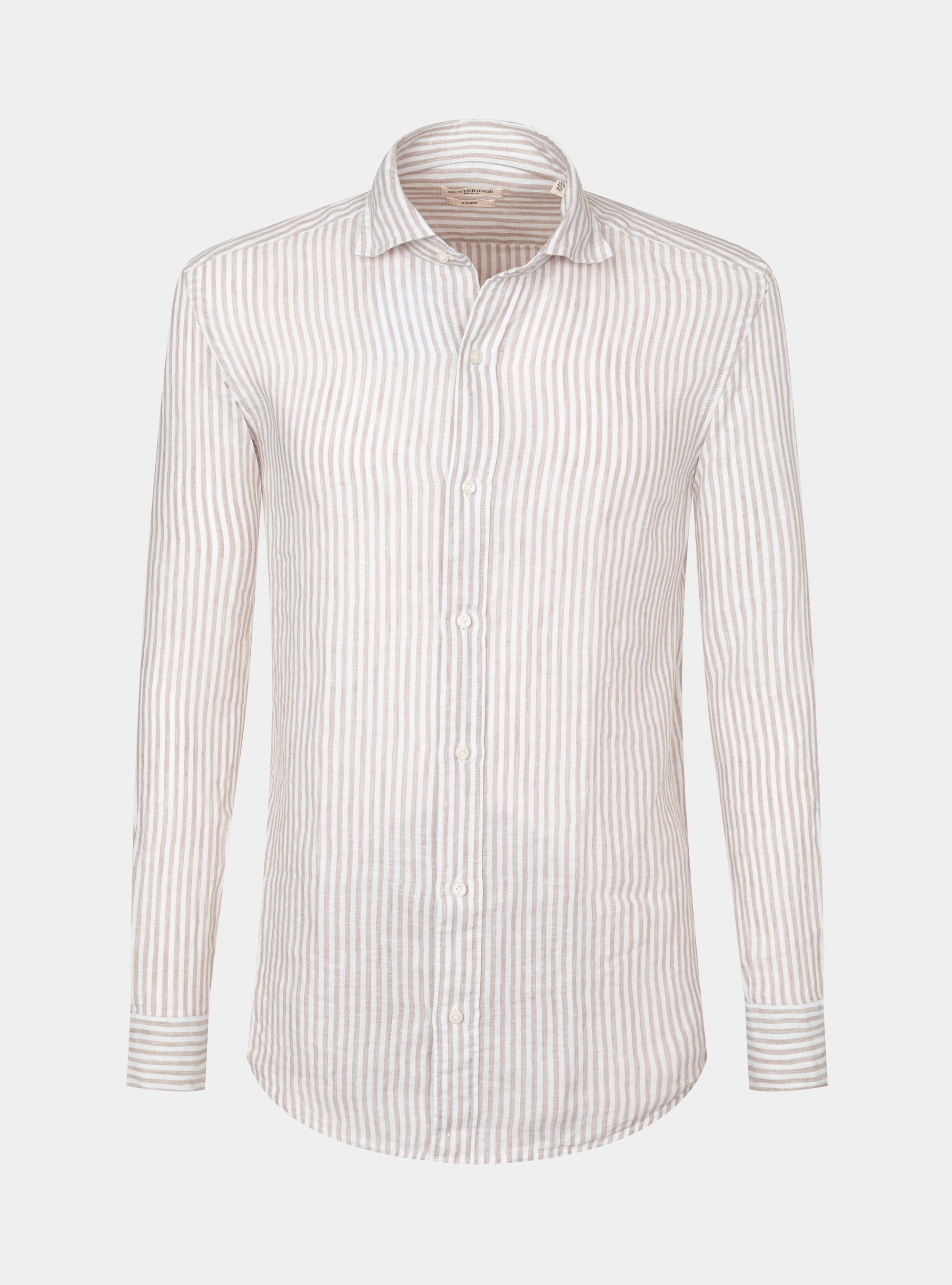 Camicia collo semi francese in puro lino rigato, SABBIA