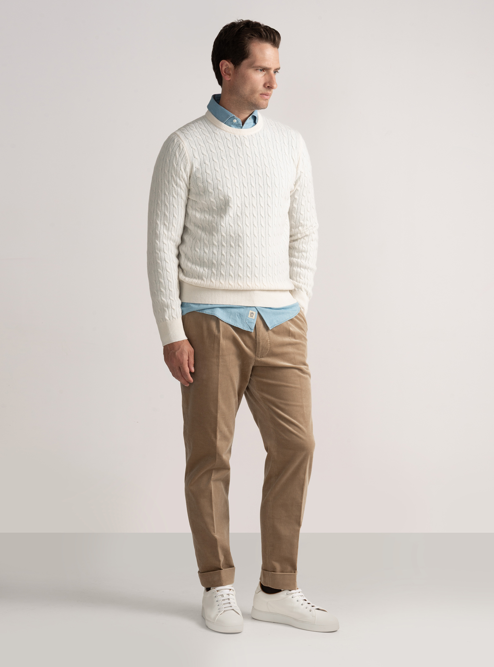 Cashmere wool crew-neck sweater with braid, WHITE
