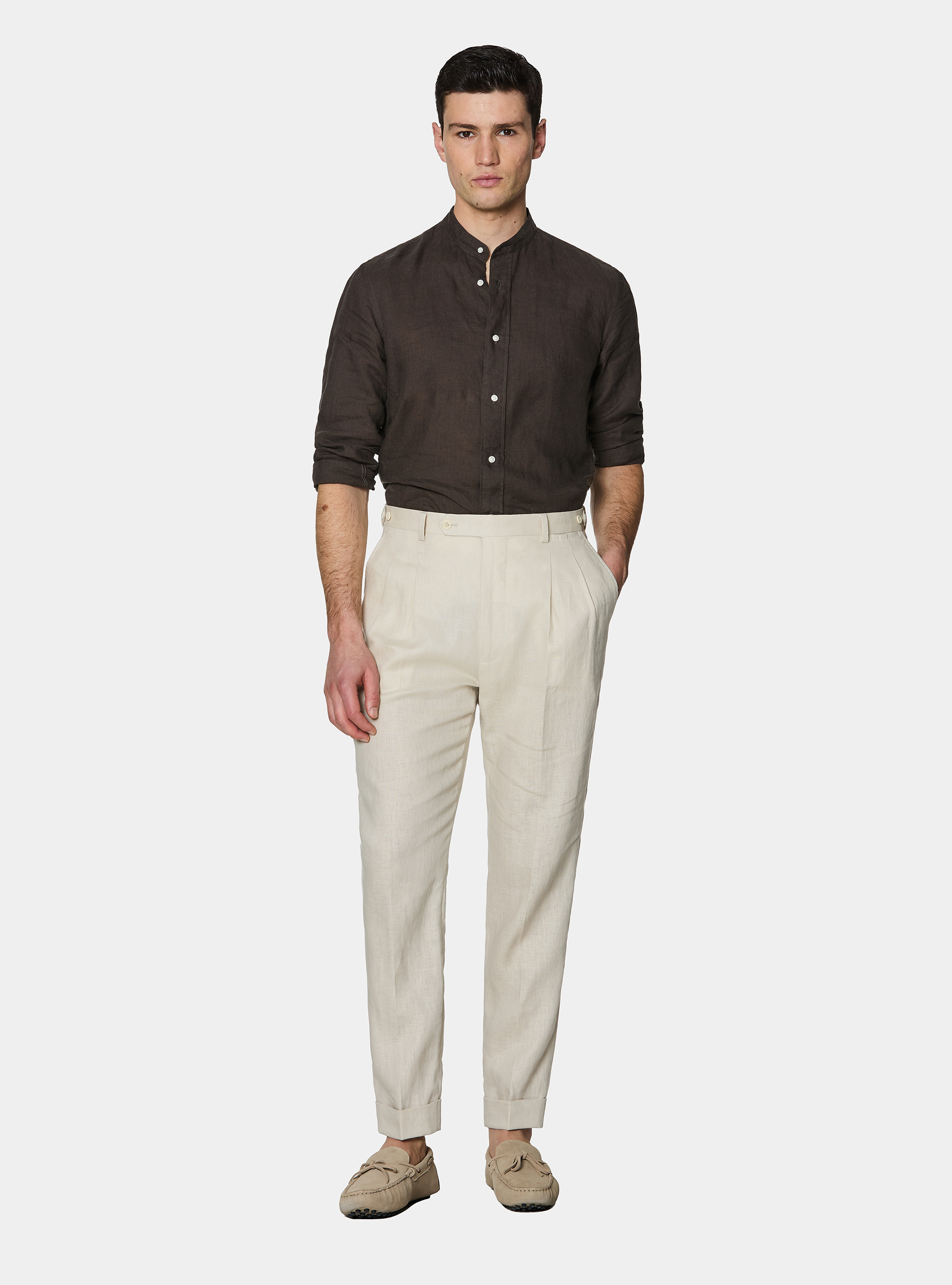 Camisa coreana de lino puro, MARRON