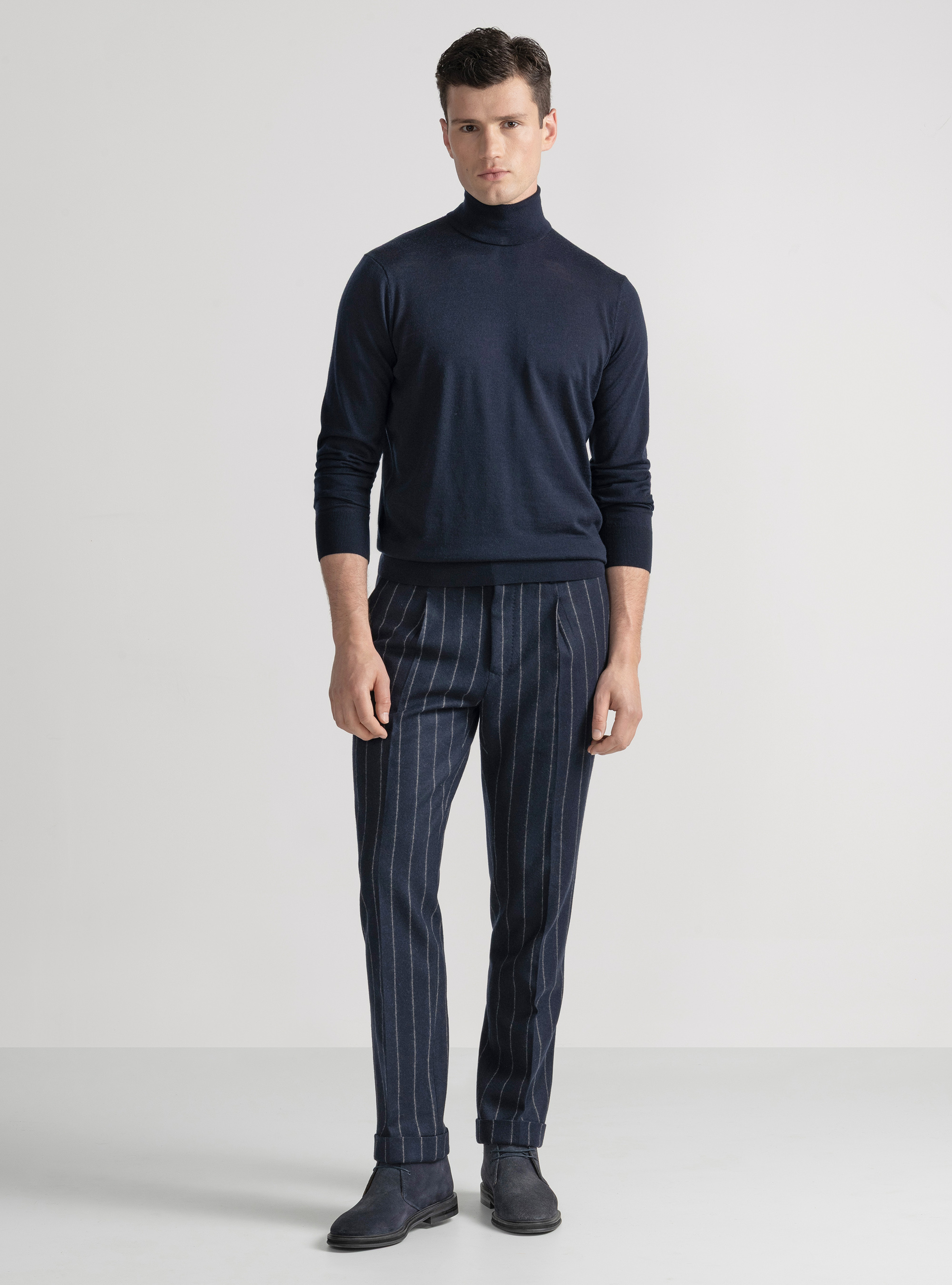 Pinstripe jersey double-breasted suit trousers, NAVY BLUE
