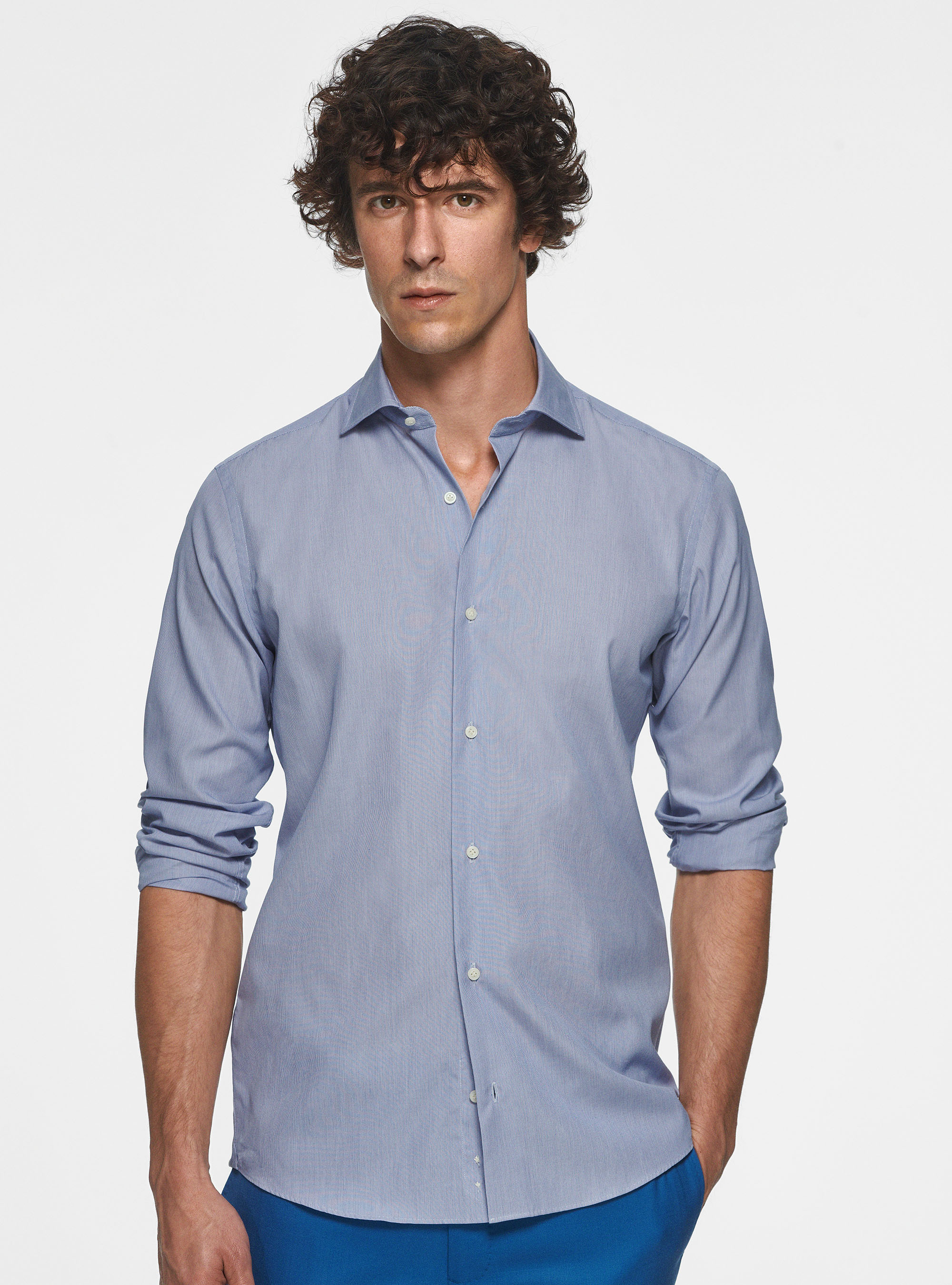 Camicia millerighe in cotone, BLU
