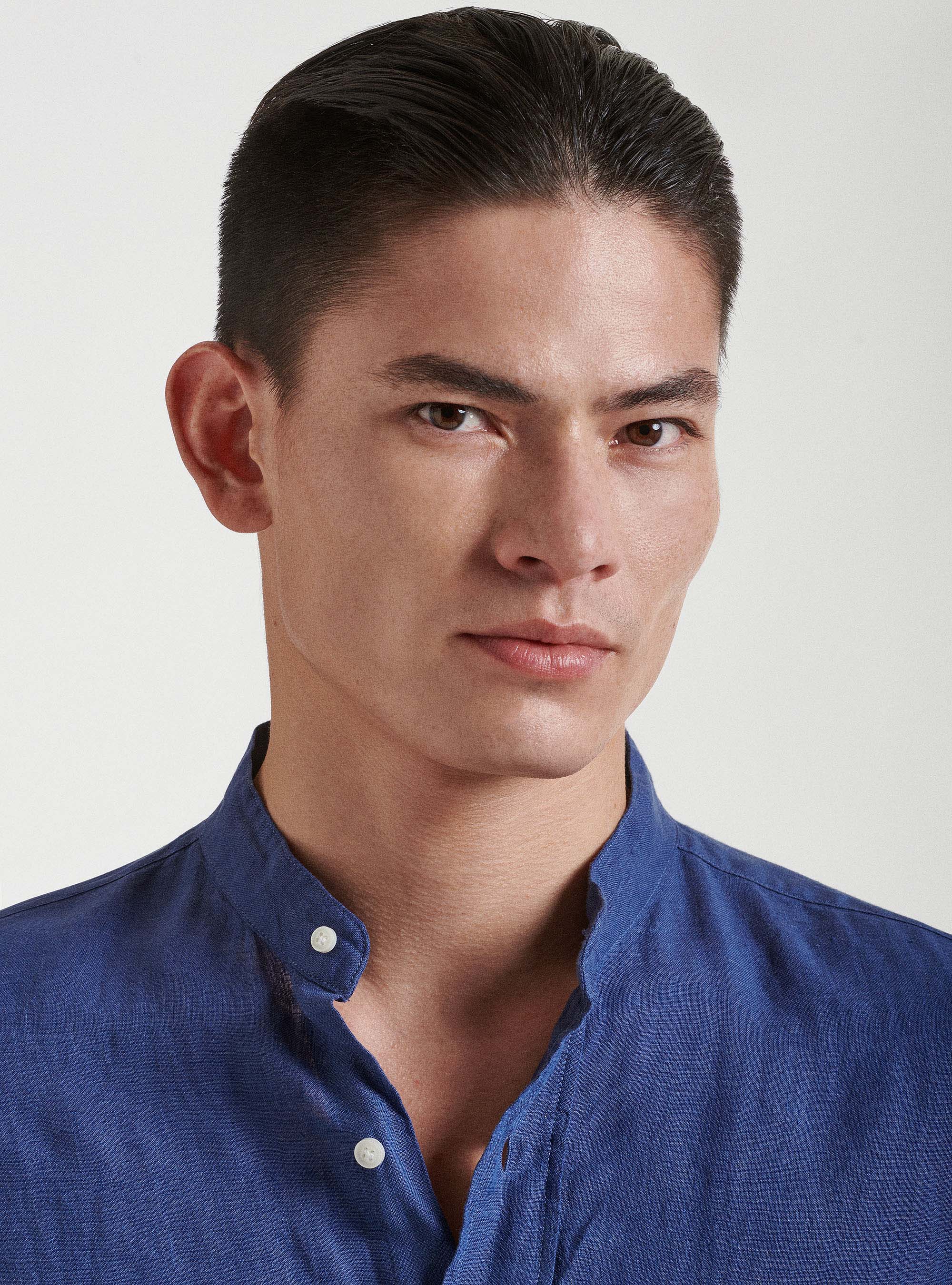 Camisa de cuello coreano en puro lino, 0243C DENIM