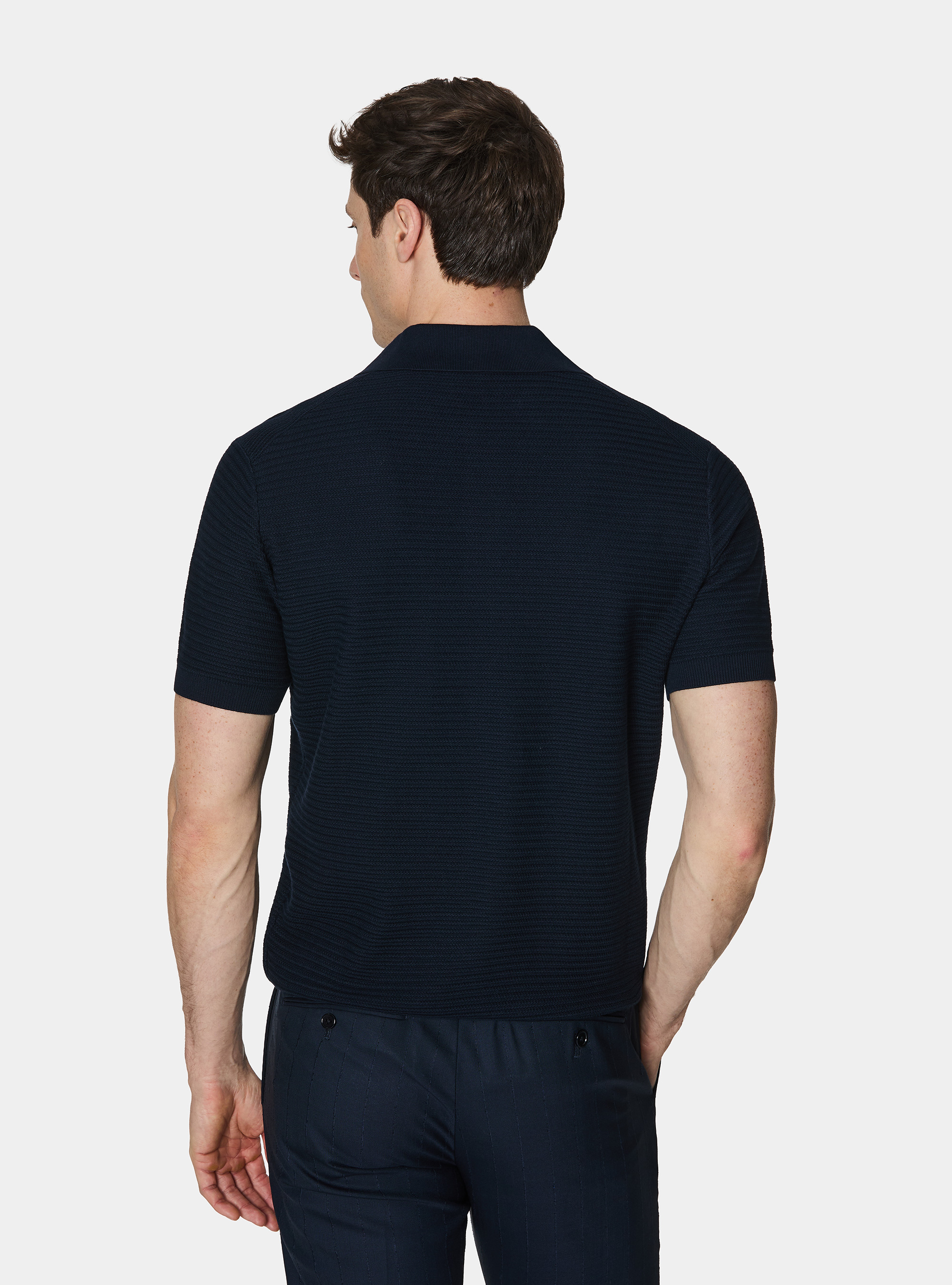Polo en maille de coton textur&eacute;, BLEU MARINE
