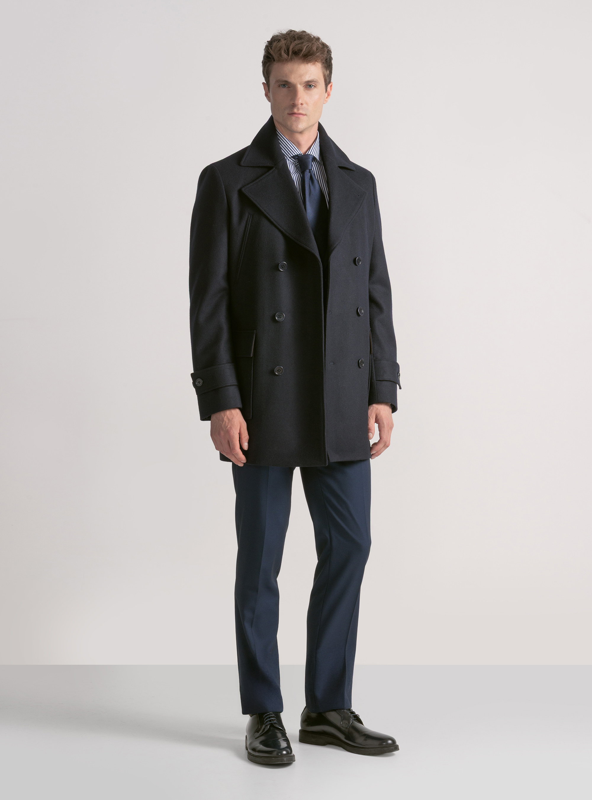 Wool-blend peacoat with patch pockets, NAVY BLUE