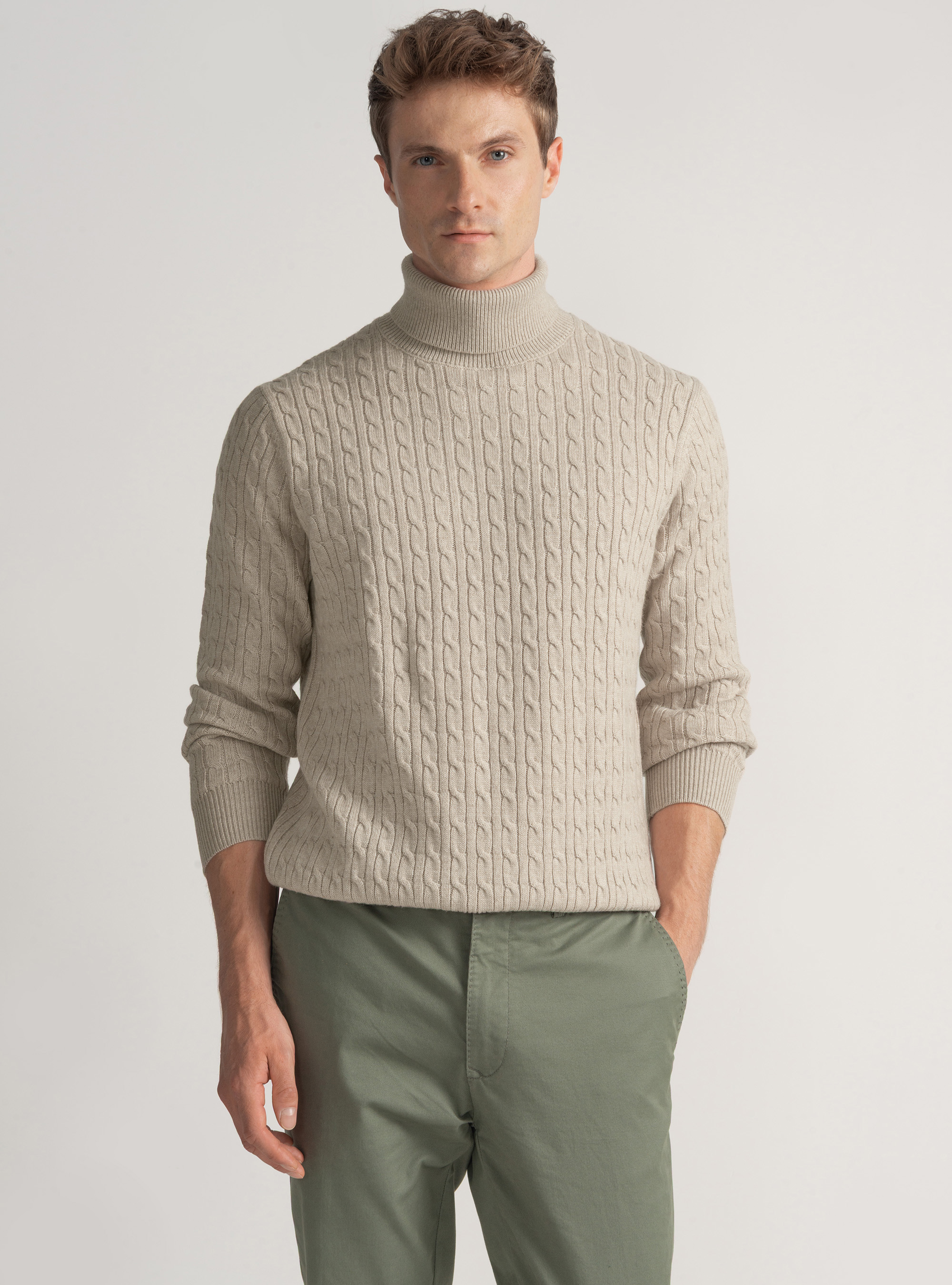 Wool-blend turtleneck sweater with braid, ECRU