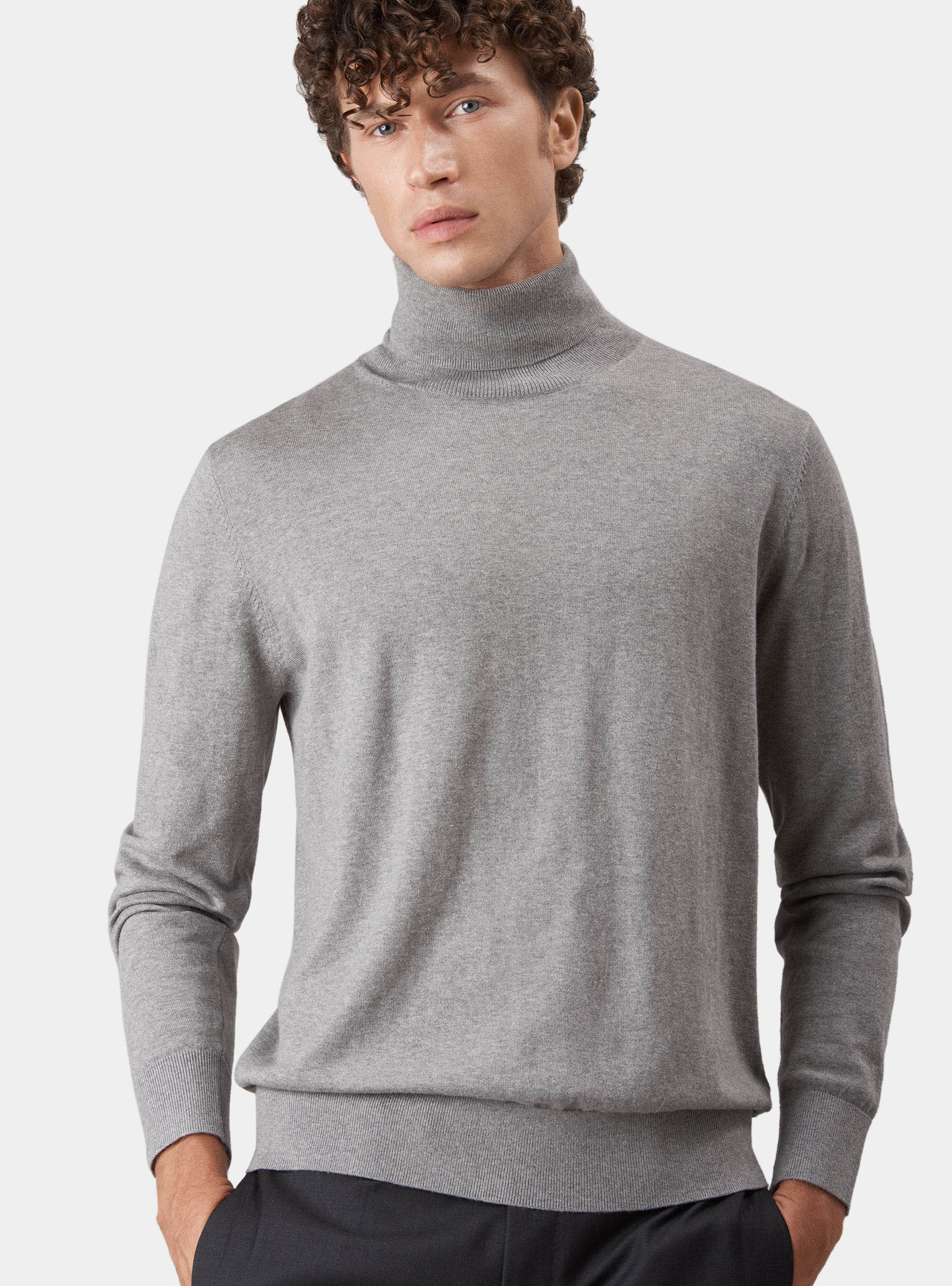 Pull &agrave; col roul&eacute; en soie de coton et cachemire, GRIS CLAIR M&Atilde; LANG&Atilde;