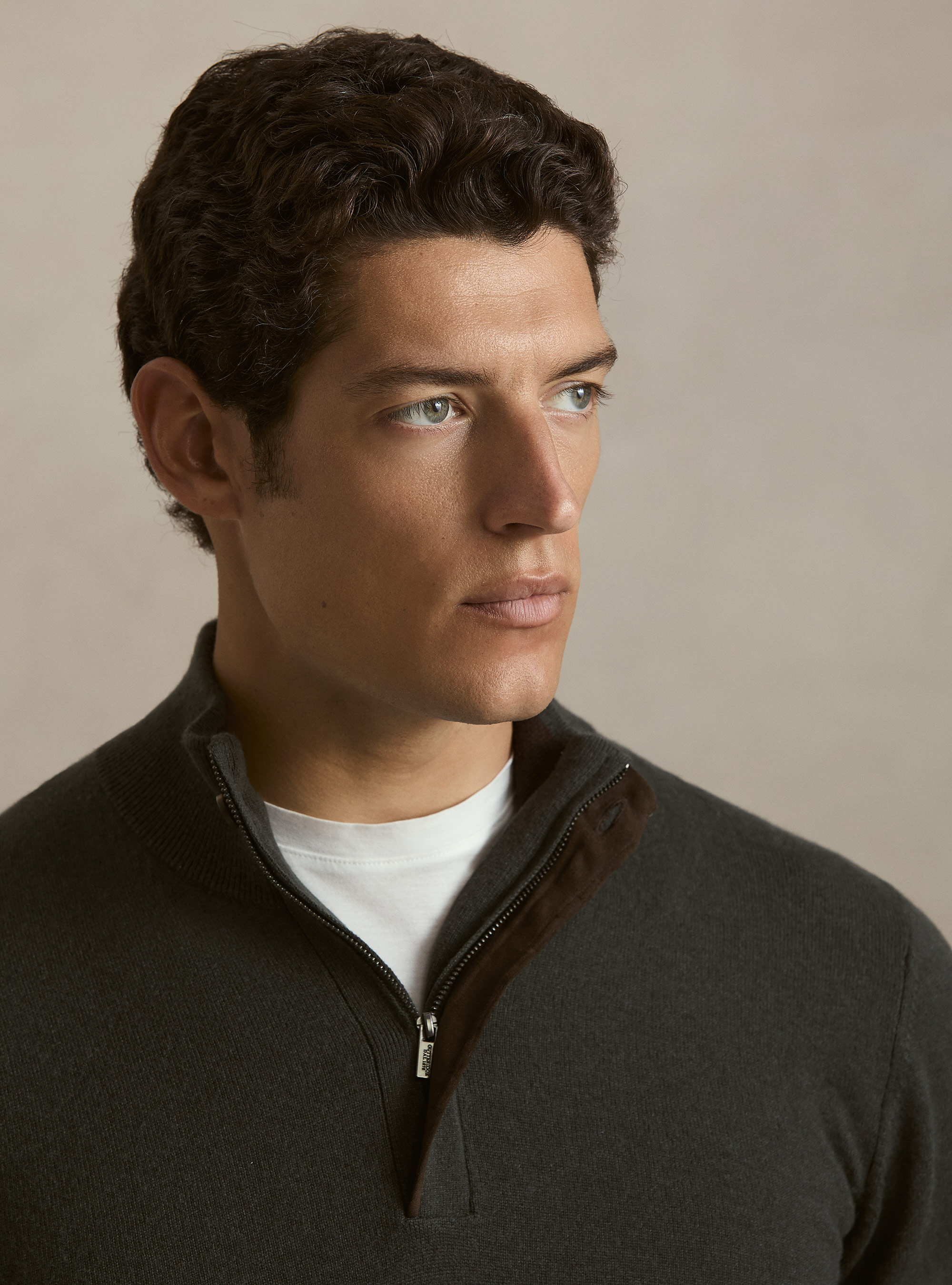 Maglia mezza zip con toppe in misto lana, MILITARE 0609C