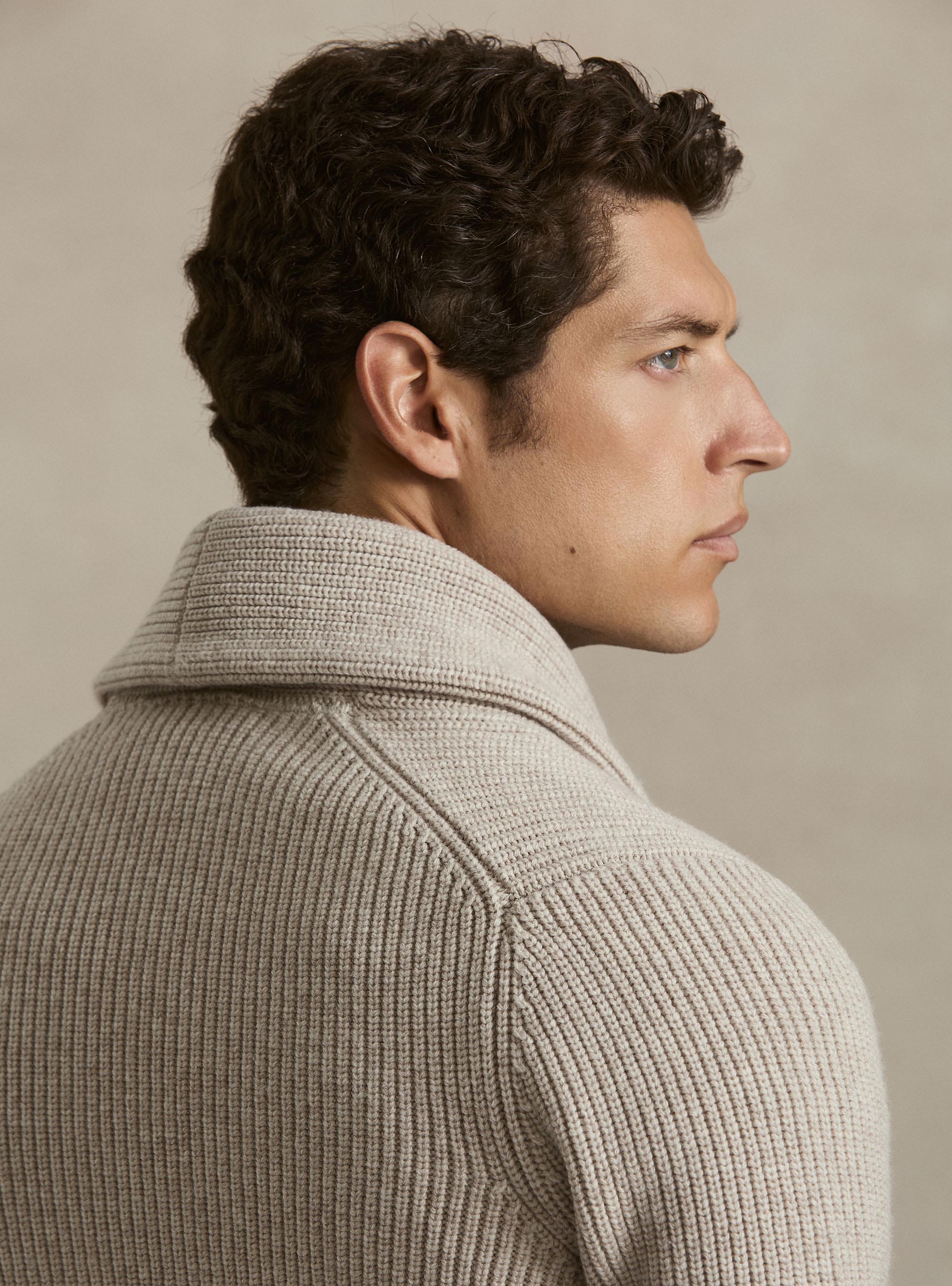 Merino wool shawl collar cardigan, ECRU