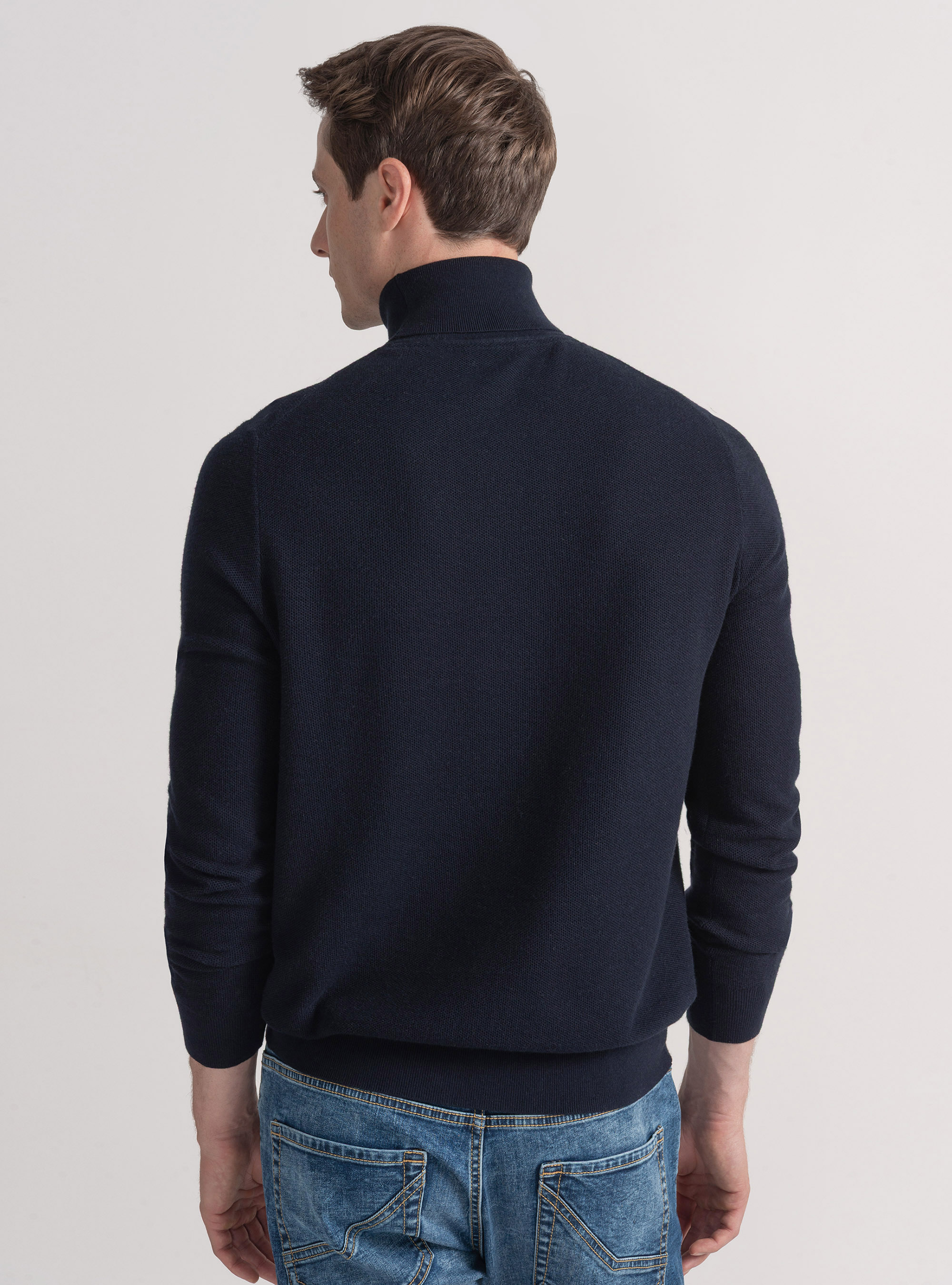 Rollkragenpullover mit Wabenmuster aus Baumwollkaschmir, NAVY 0218C