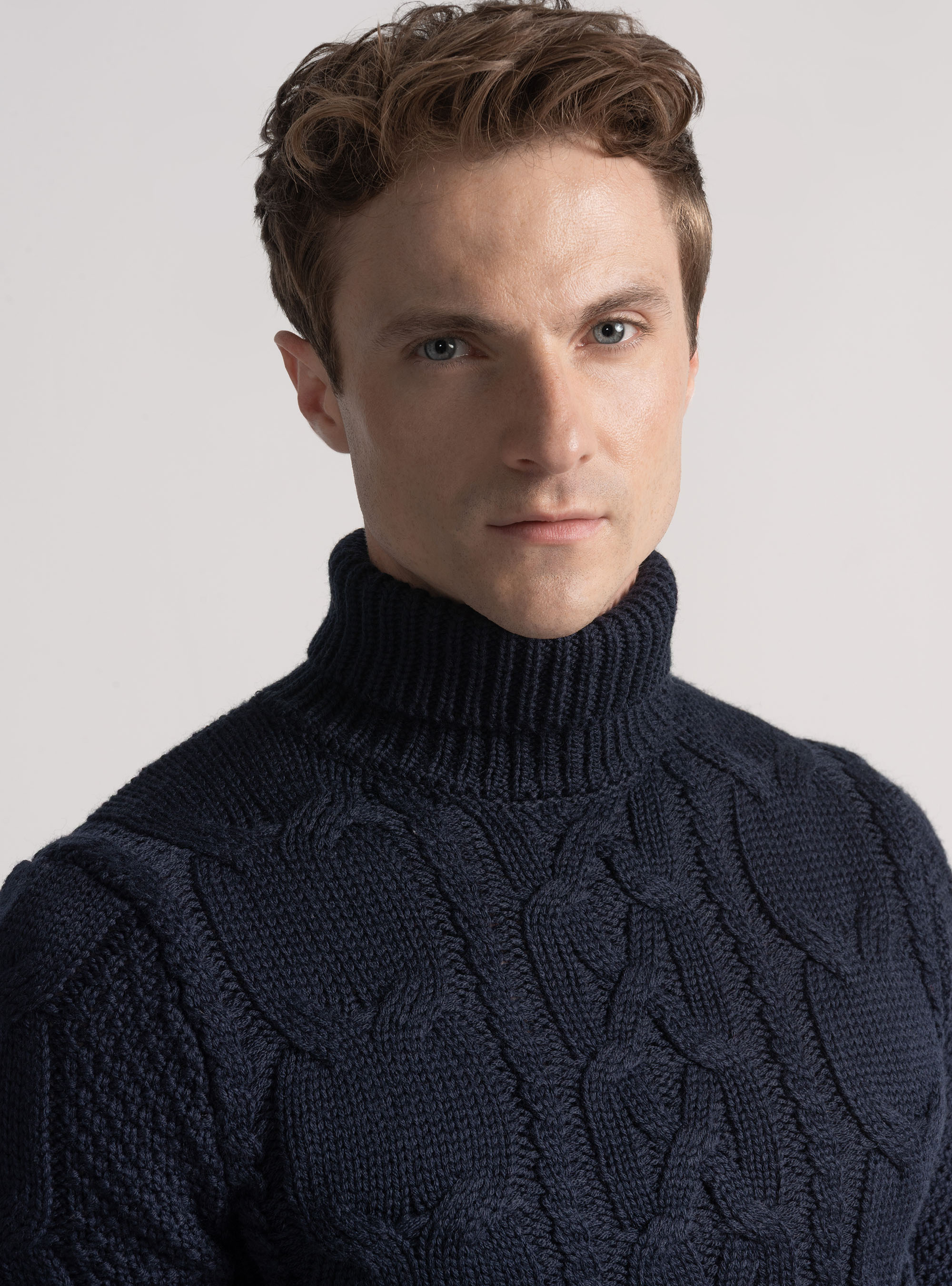 Wool-blend turtleneck sweater with braid, NAVY BLUE