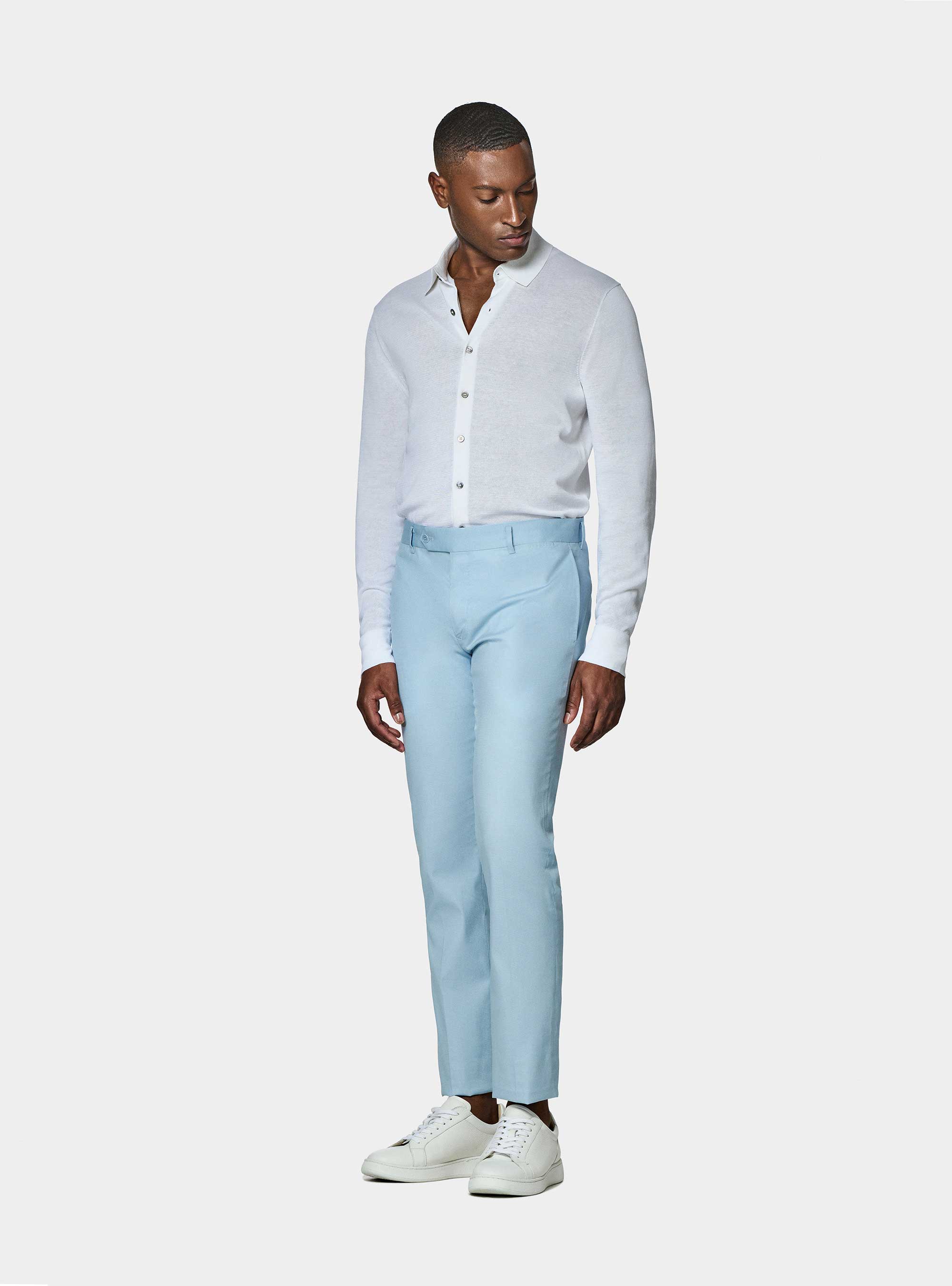 Pantalon de costume en coton blind&eacute;, BLEU CIEL