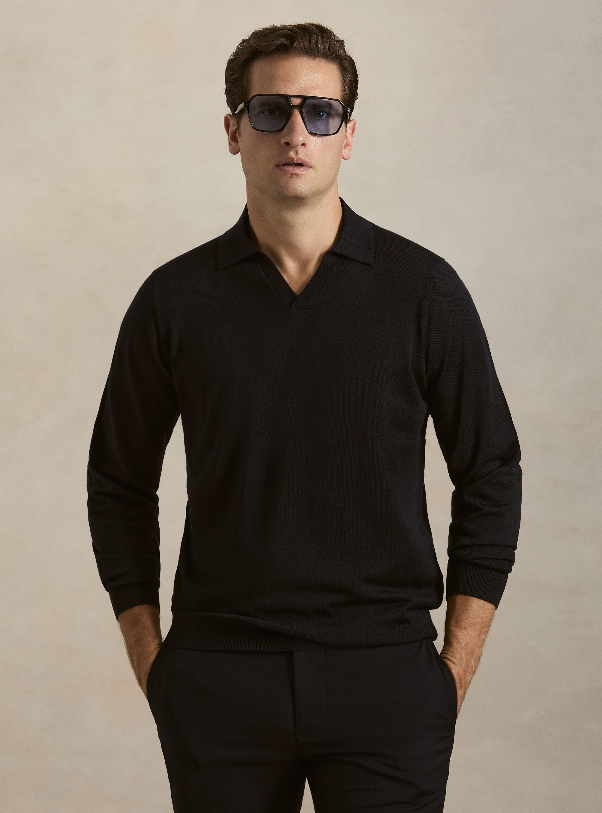 Buttonless merino polo, NAVY BLUE