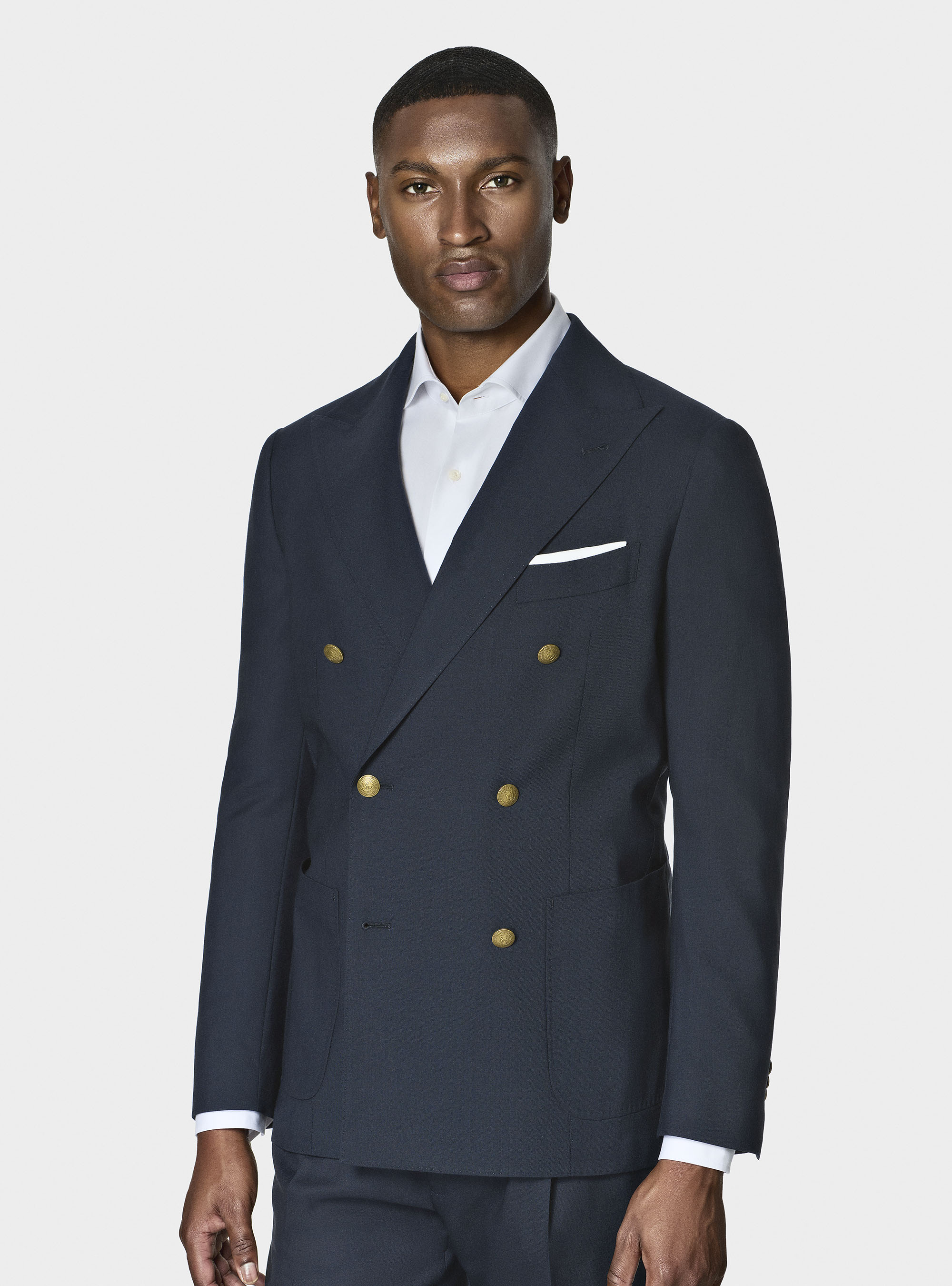Giacca doppiopetto in lana con bottone metallo, NAVY