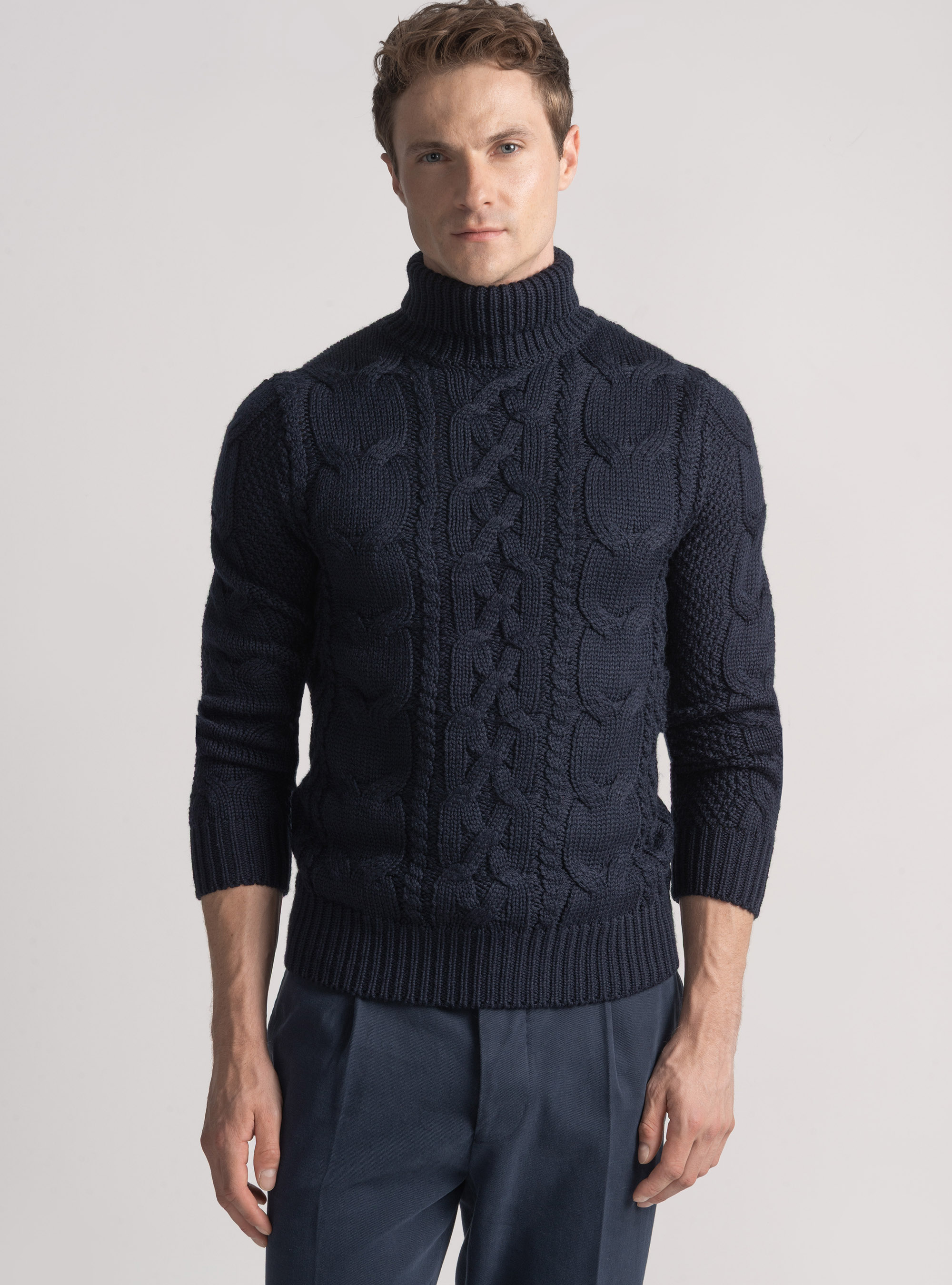 Wool-blend turtleneck sweater with braid, NAVY BLUE