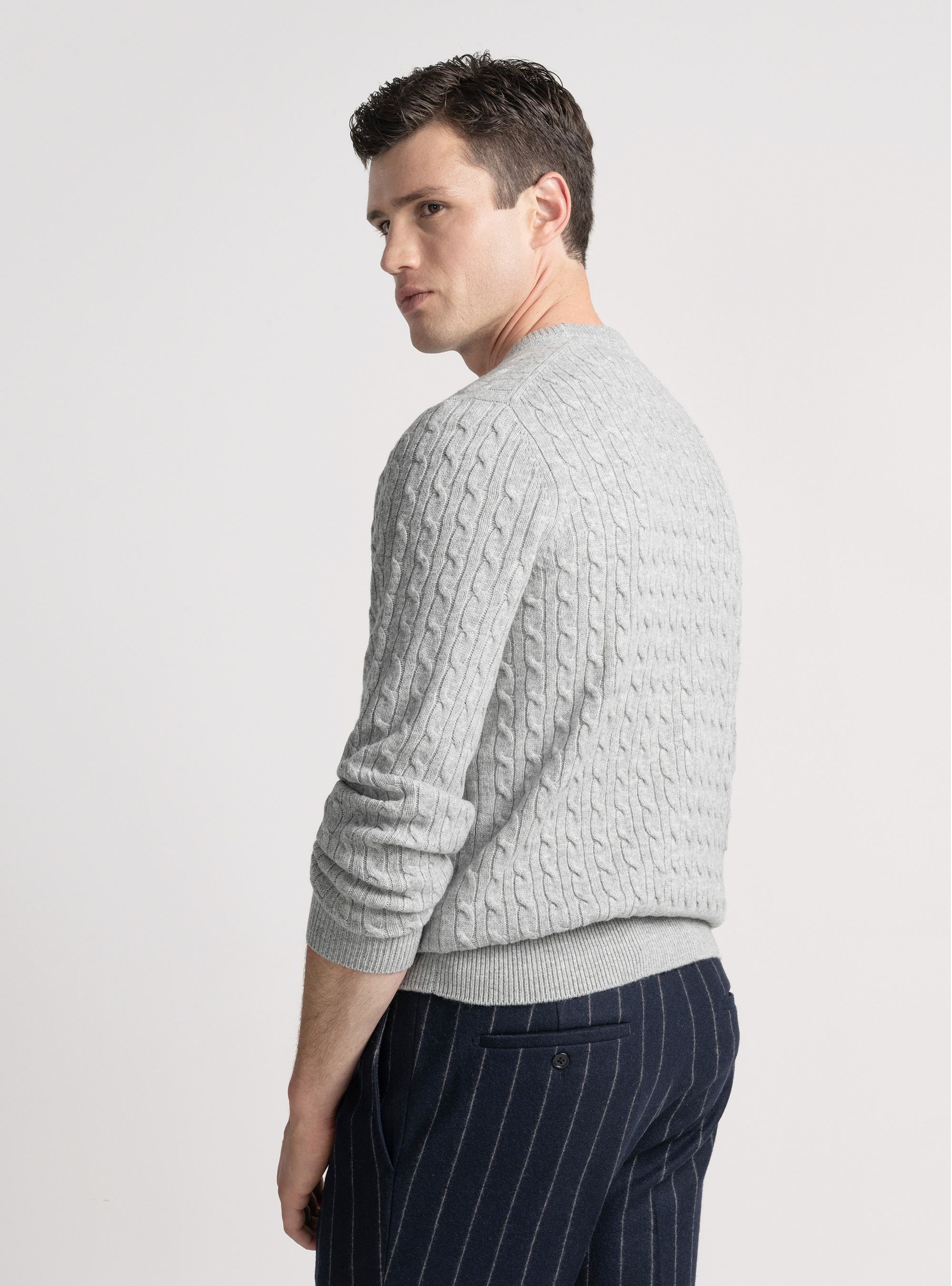 Maglia girocollo con treccia in lana e cashmere, GRIGIO CHIARO MELANGE