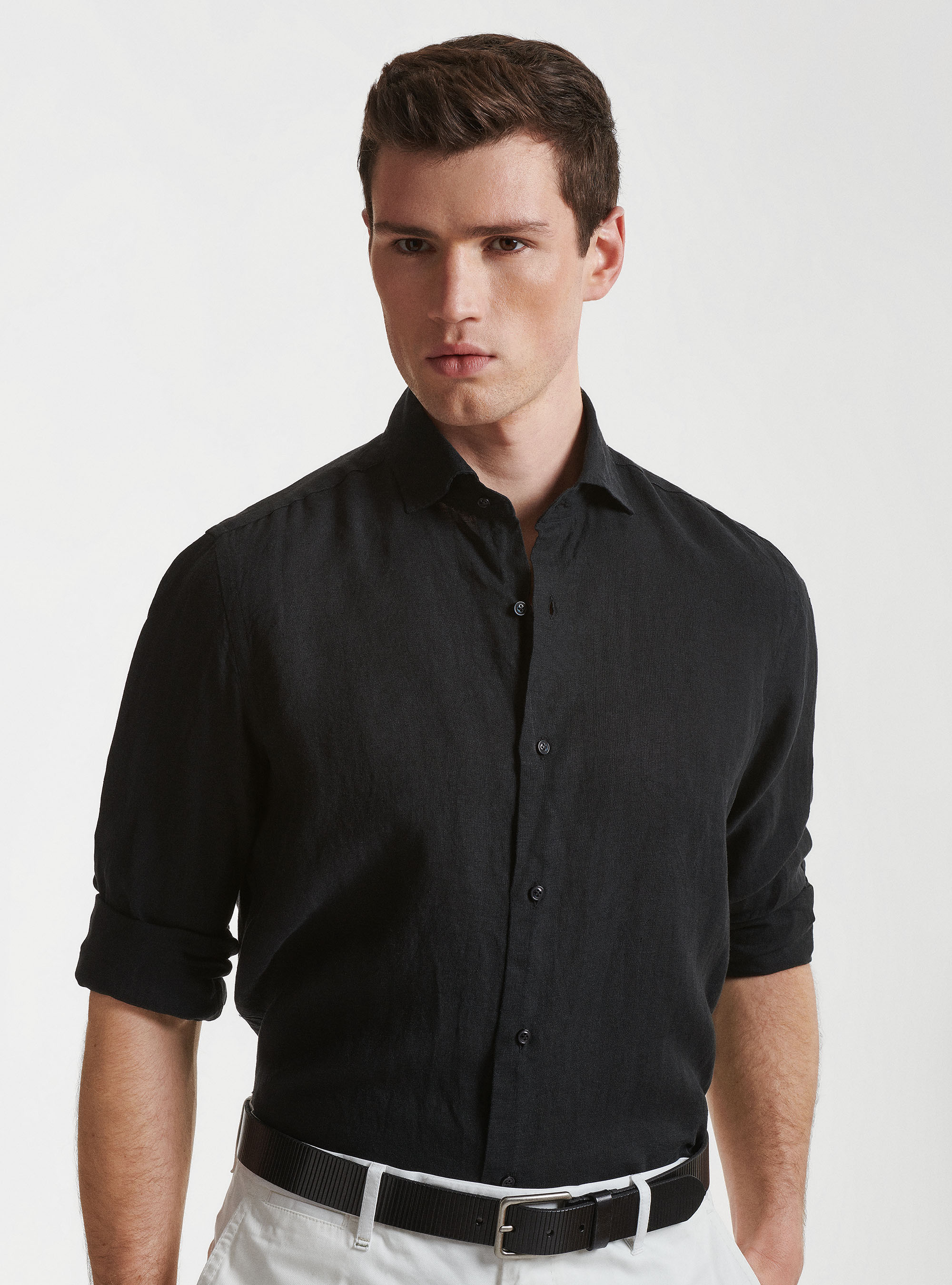 Camicia collo semi francese in puro lino, NERO