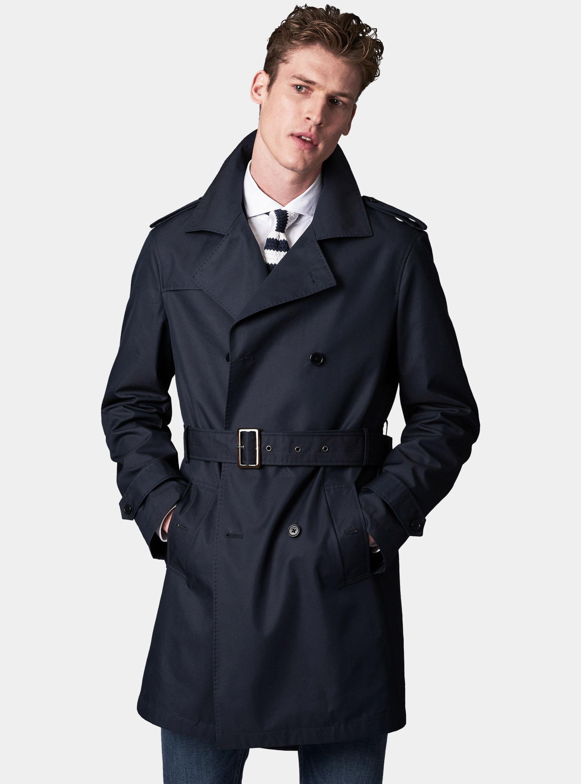 Trench blend technical cotton double-breasted, NAVY BLUE