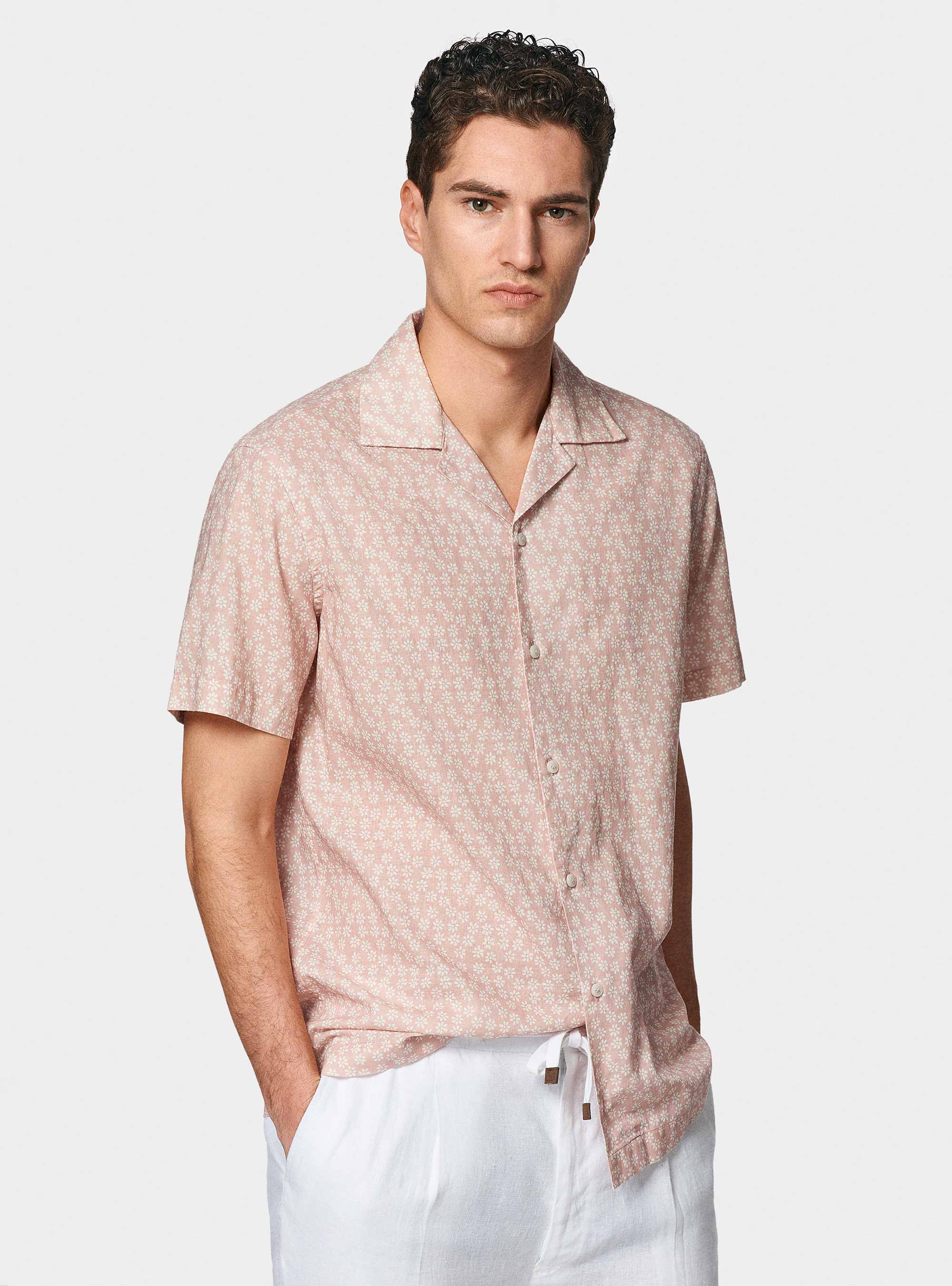 Camicia bowling in lino e cotone stampato, ROSA CHIARO 0466C