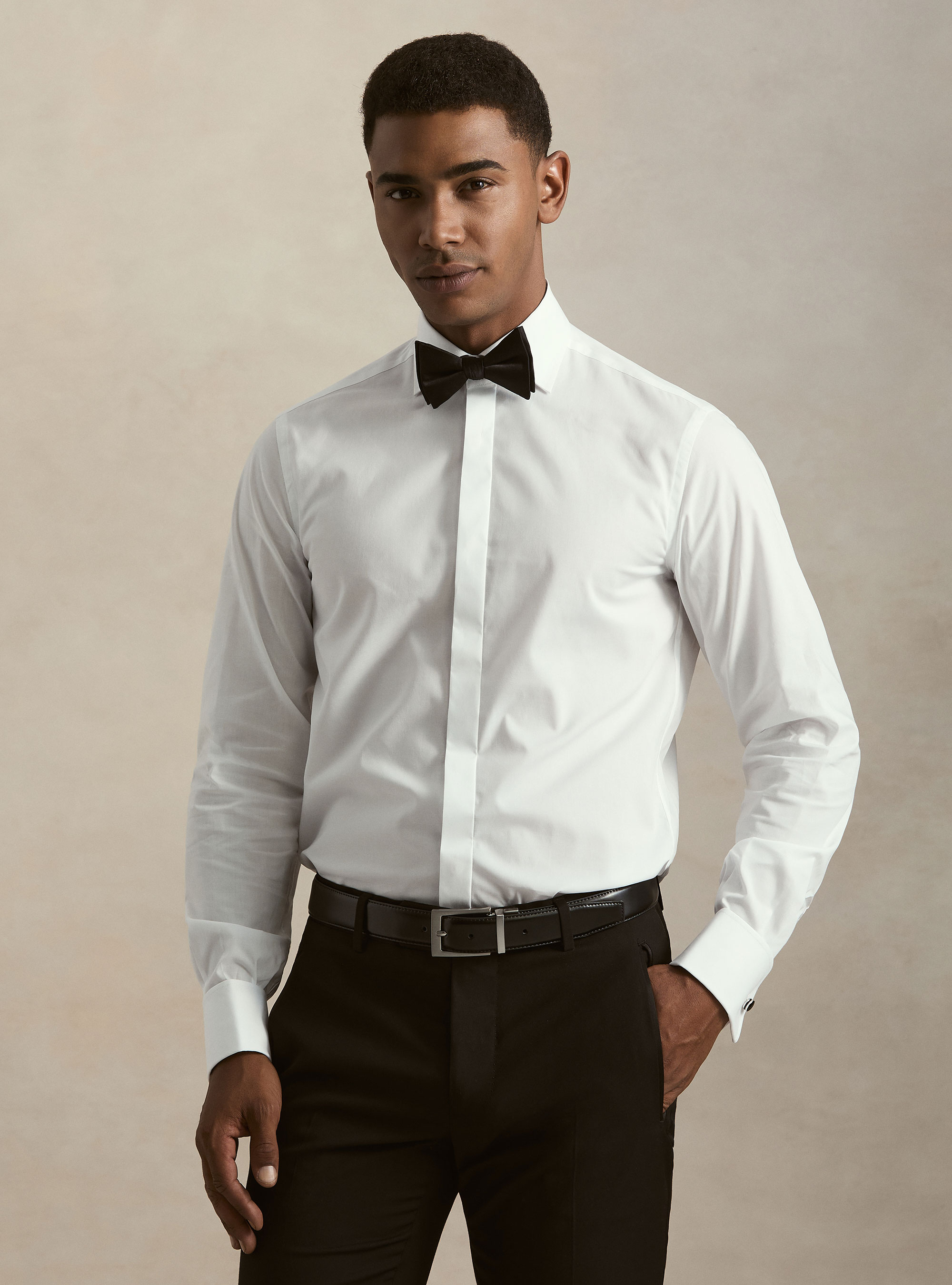 Camicia smoking in popeline con polso gemelli, BIANCO