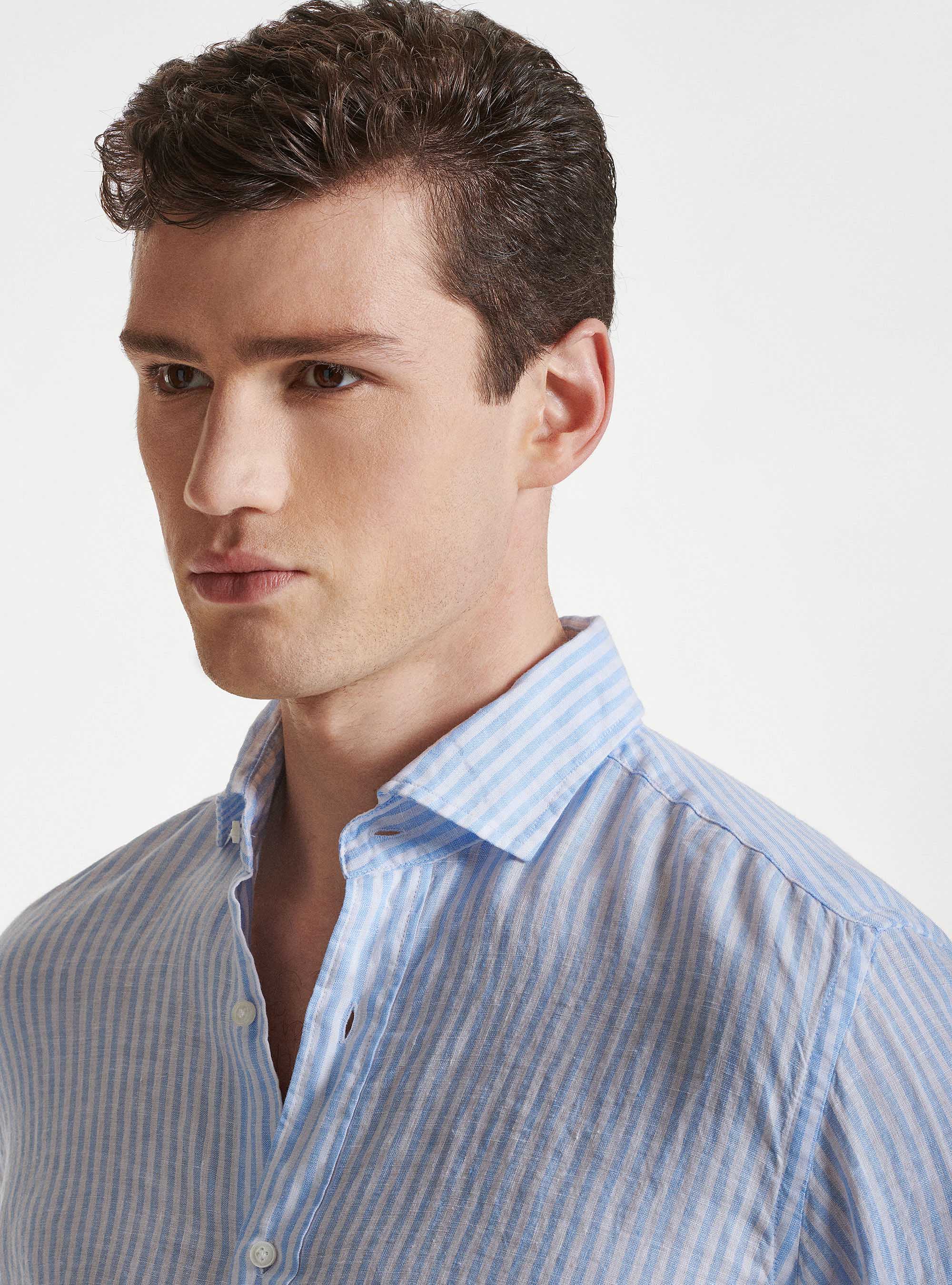 Camicia collo semi francese in puro lino rigato, AZZURRO