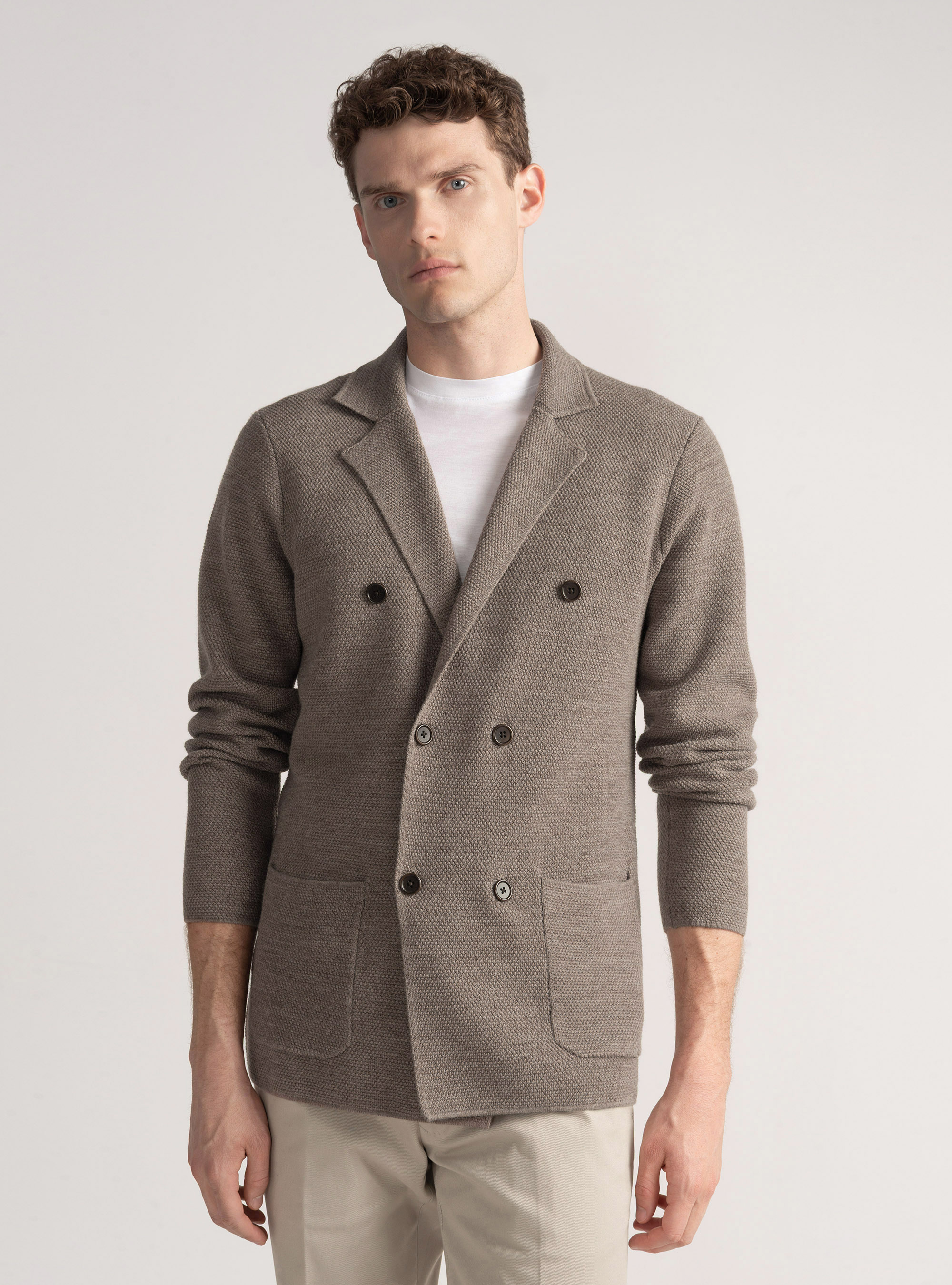 Giacca in maglia doppiopetto in lana merino, FANGO
