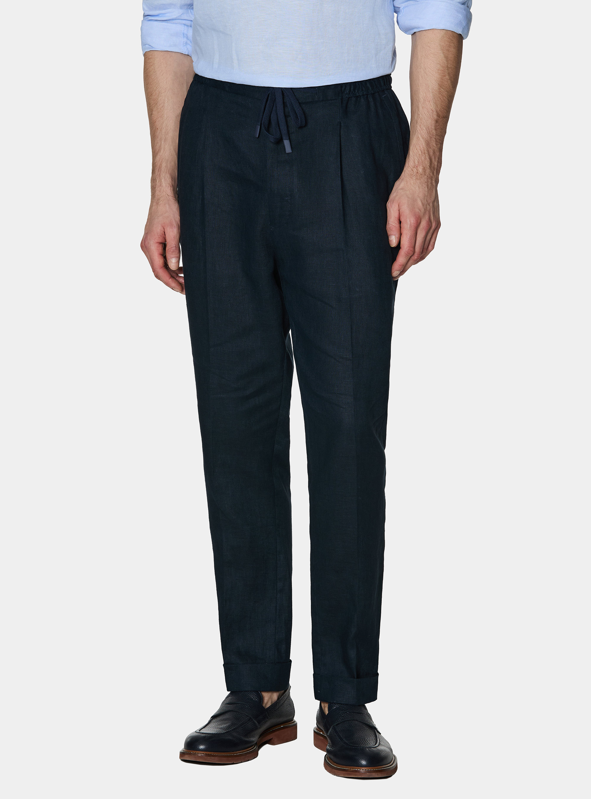 Pure linen trousers with pleat and drawstring, NAVY BLUE