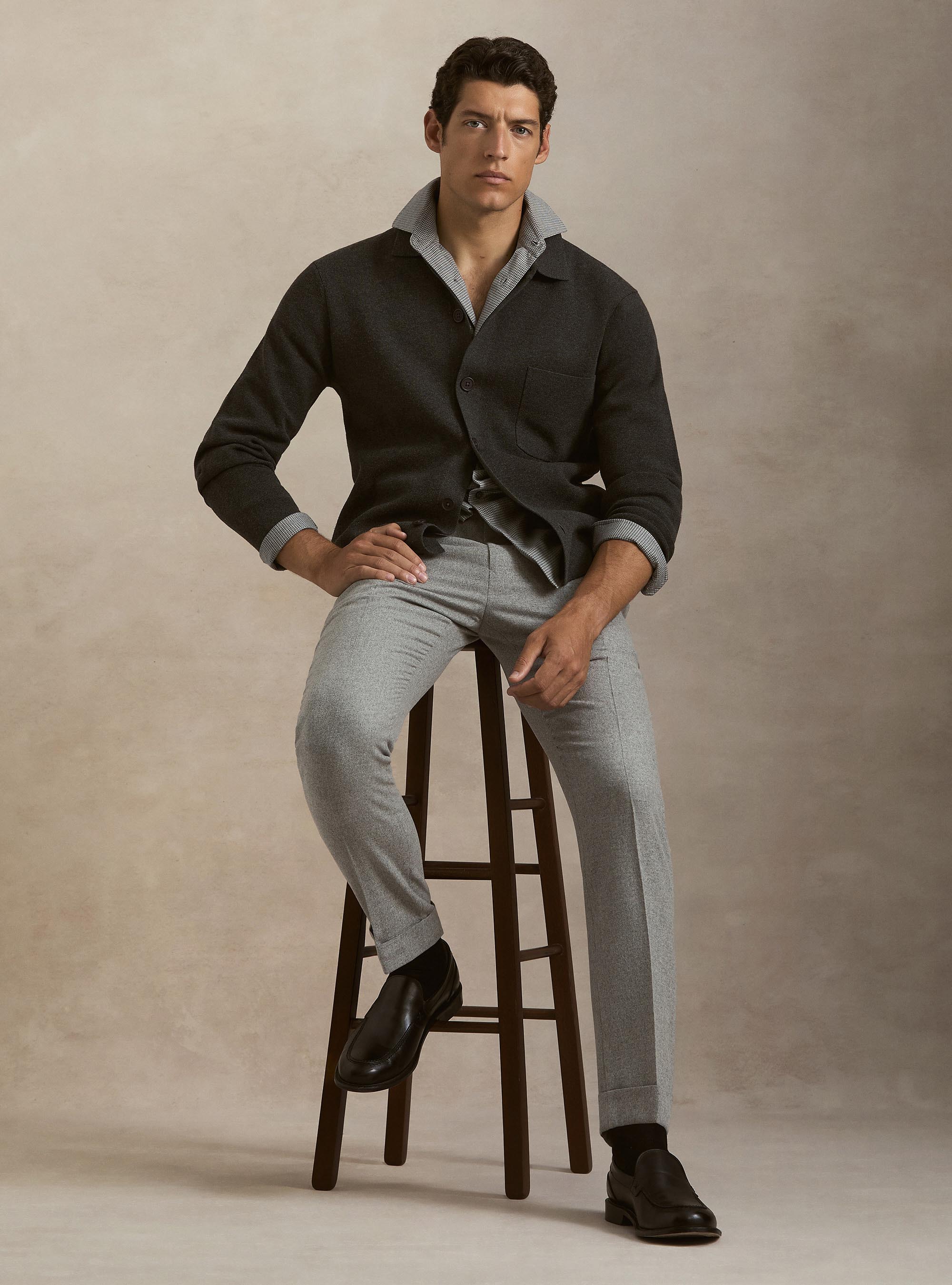 Cardigan in maglia di misto cotone con colletto, GRIGIO SCURO 0125C