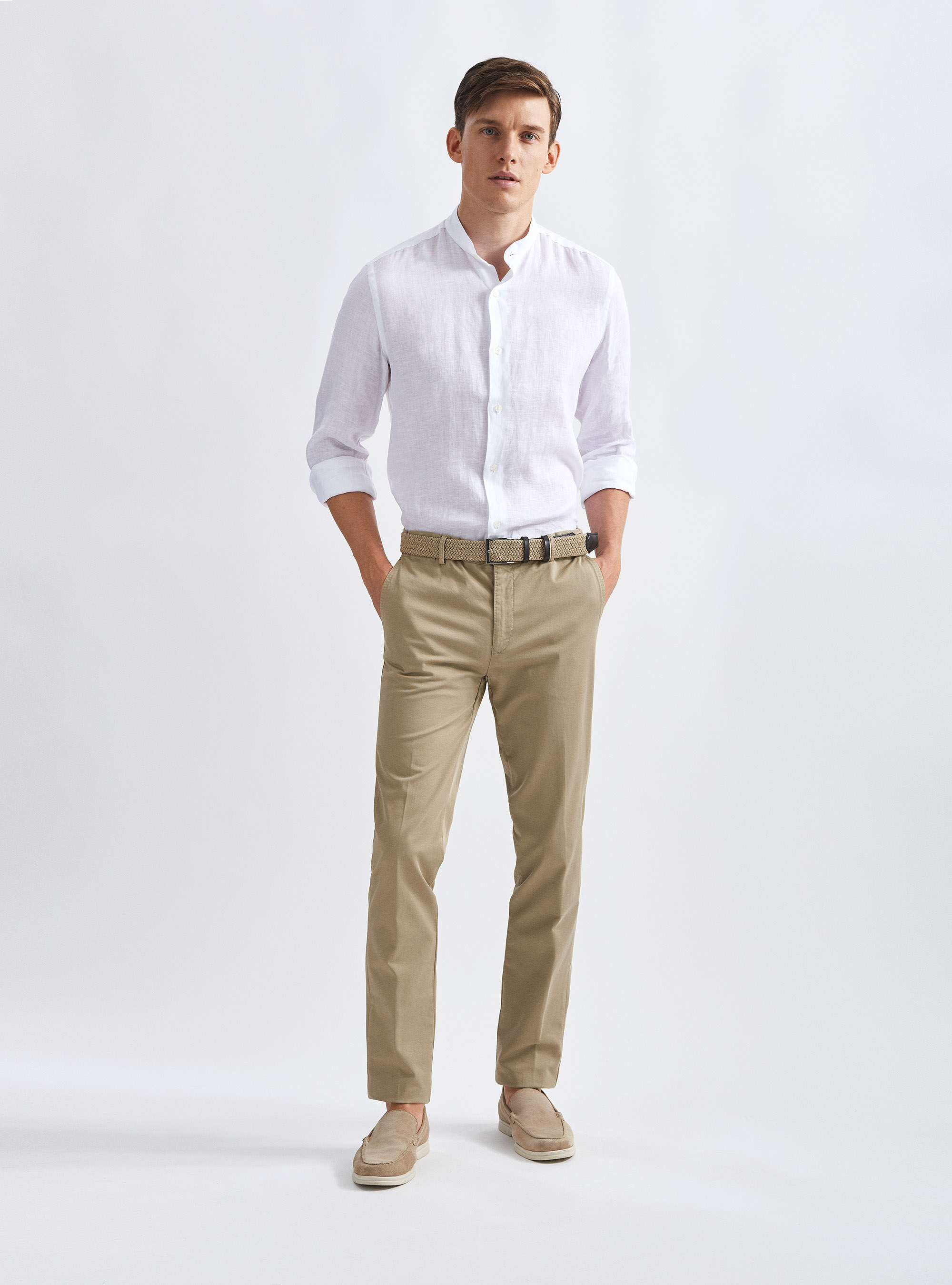 Camisa coreana de lino puro, BLANCO