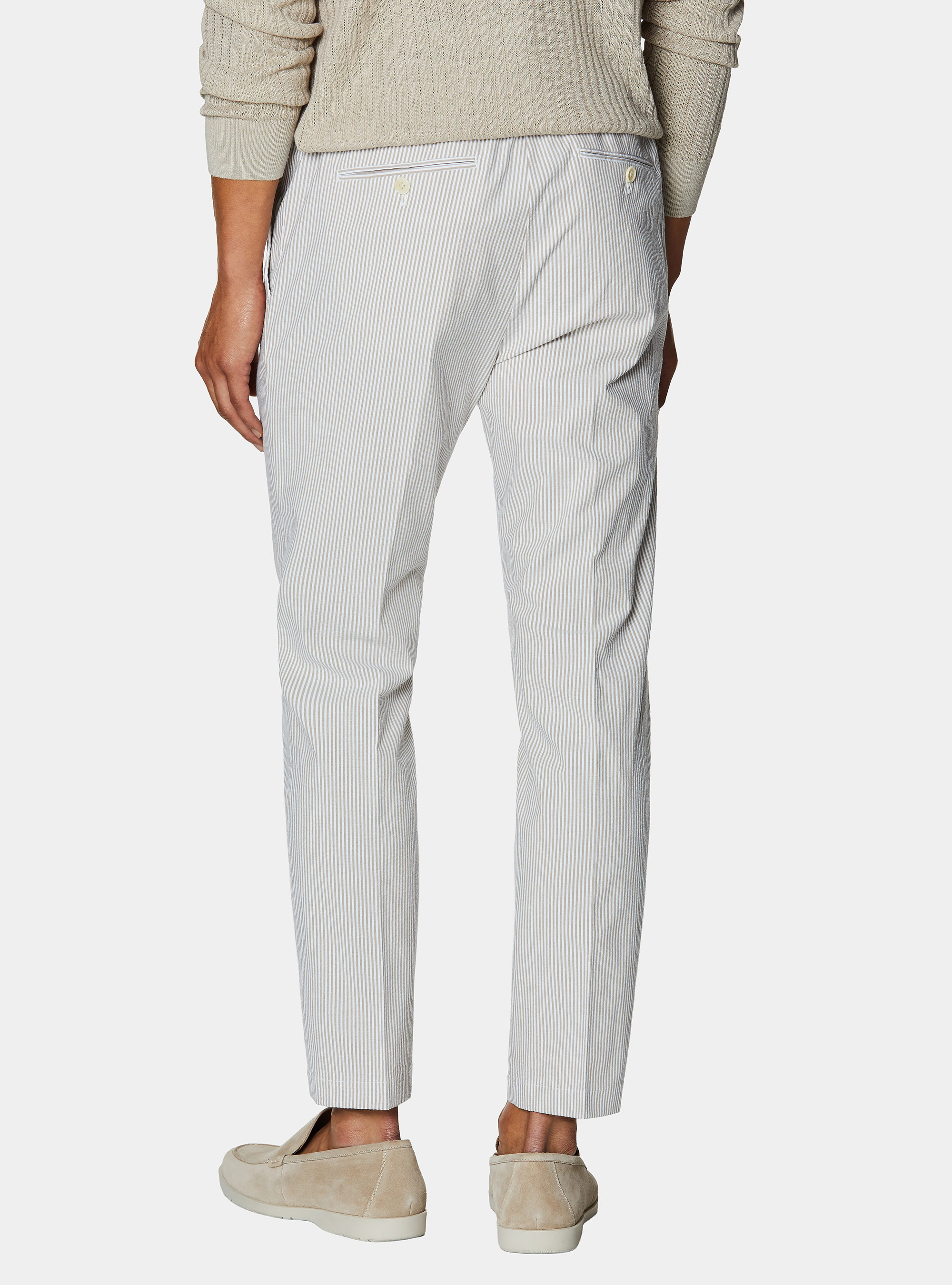 Seersucker cotton blend striped drawstring trousers, SAND