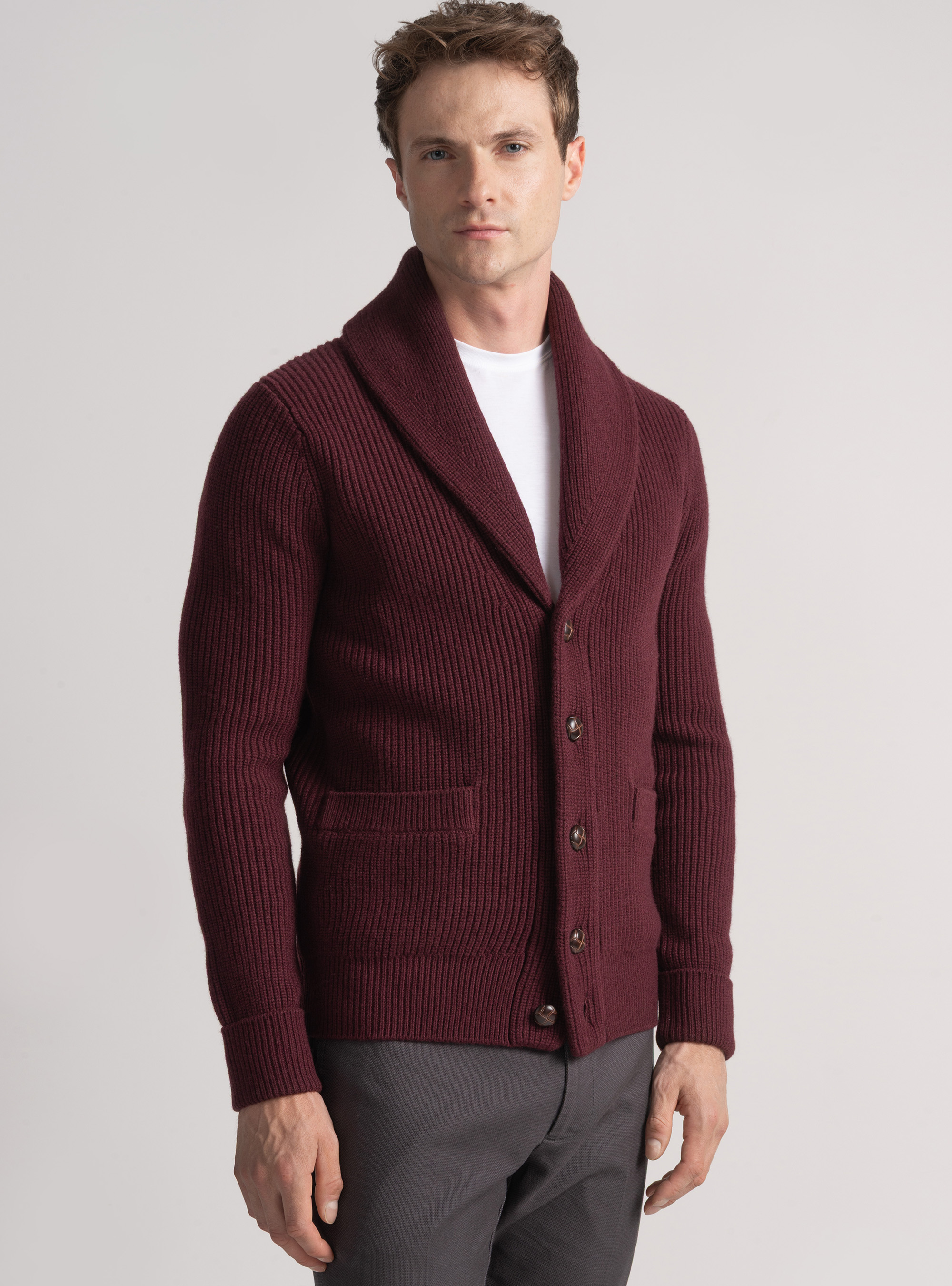 Cardigan in maglia sciallata in lana merino, BORDEAUX
