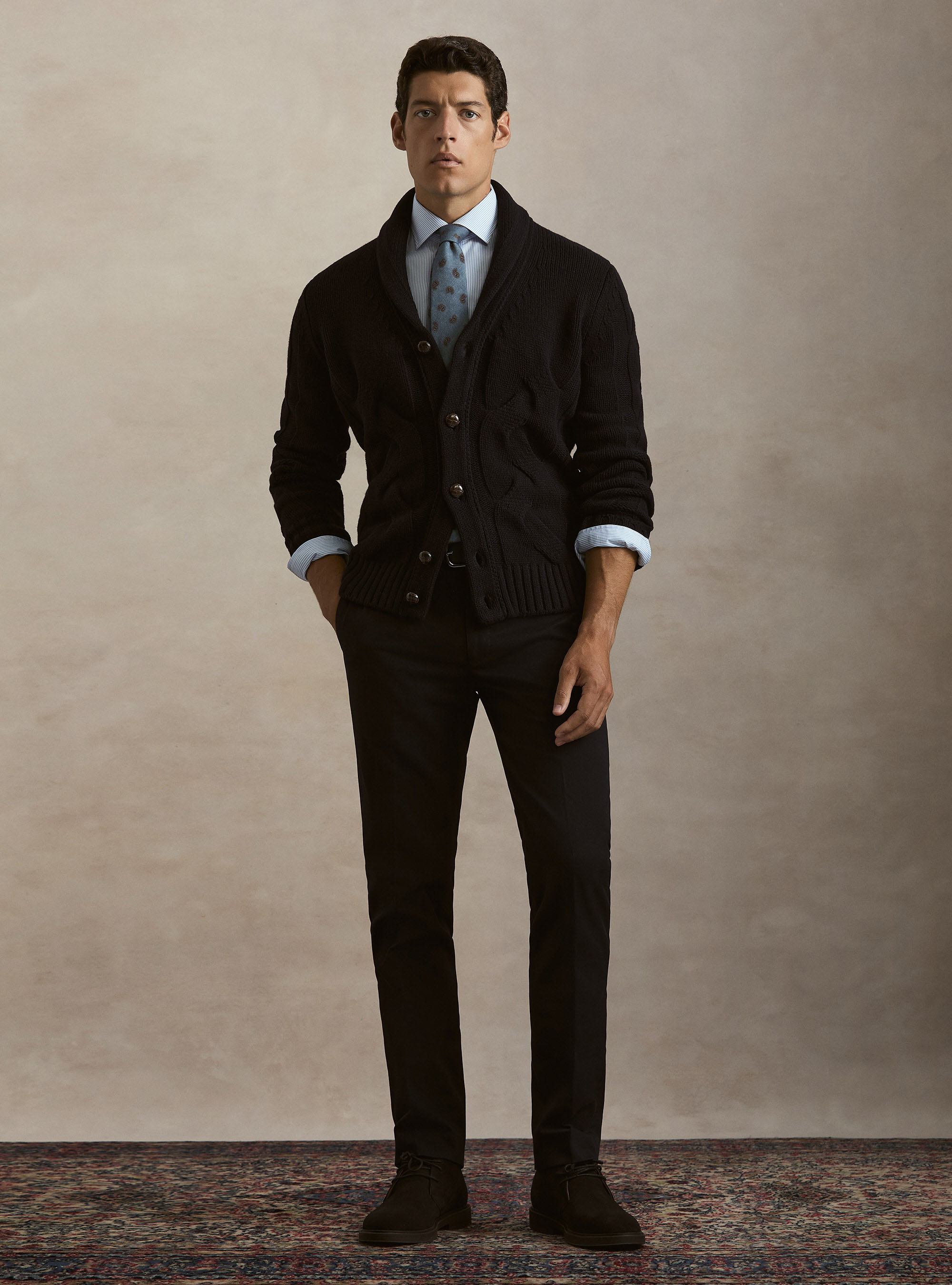 Cardigan sciallato con treccia in lana lambswool e cashmere, BLU NAVY