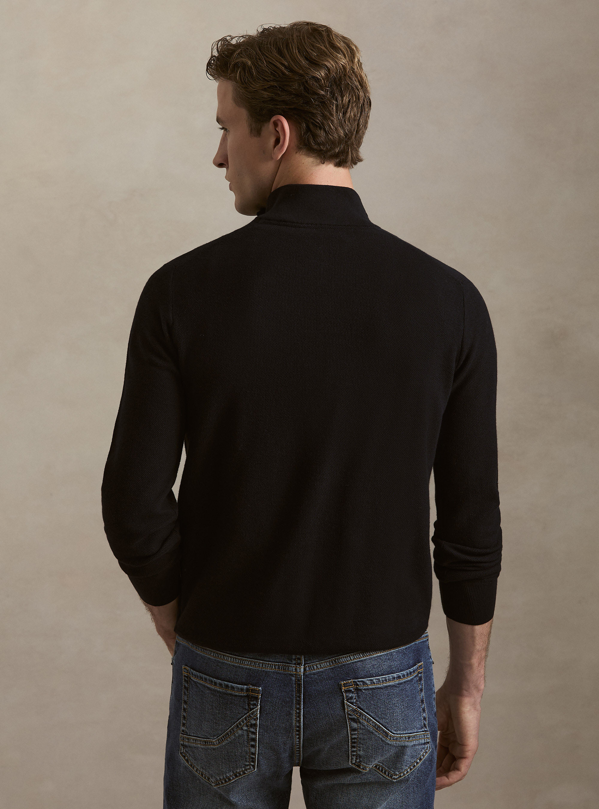 Half-Zip-Pullover aus Baumwolle und Kaschmir mit Wabenstruktur, NAVY 0218C