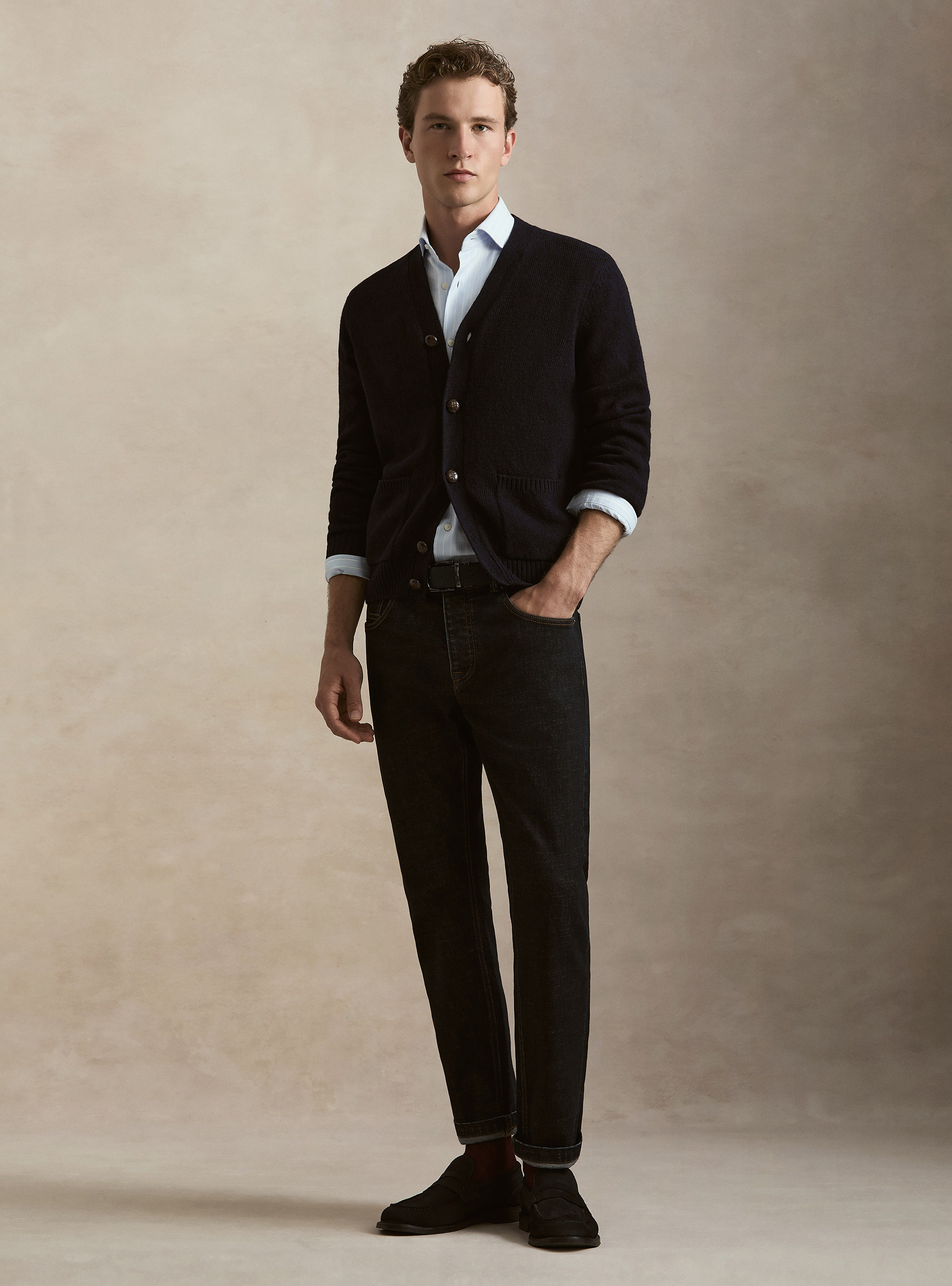 Shetland wool knitted cardigan, NAVY BLUE