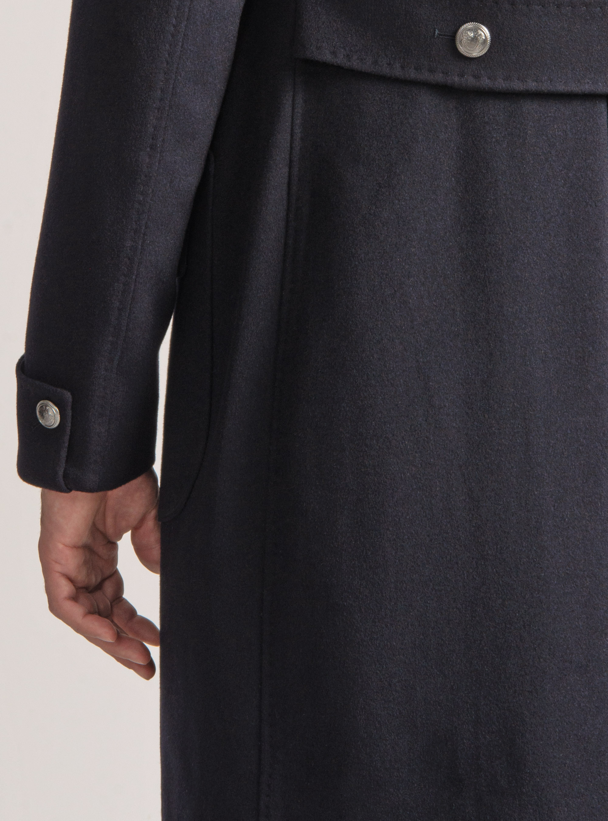 Cashmere wool double-breasted coat with metal button, NAVY BLUE