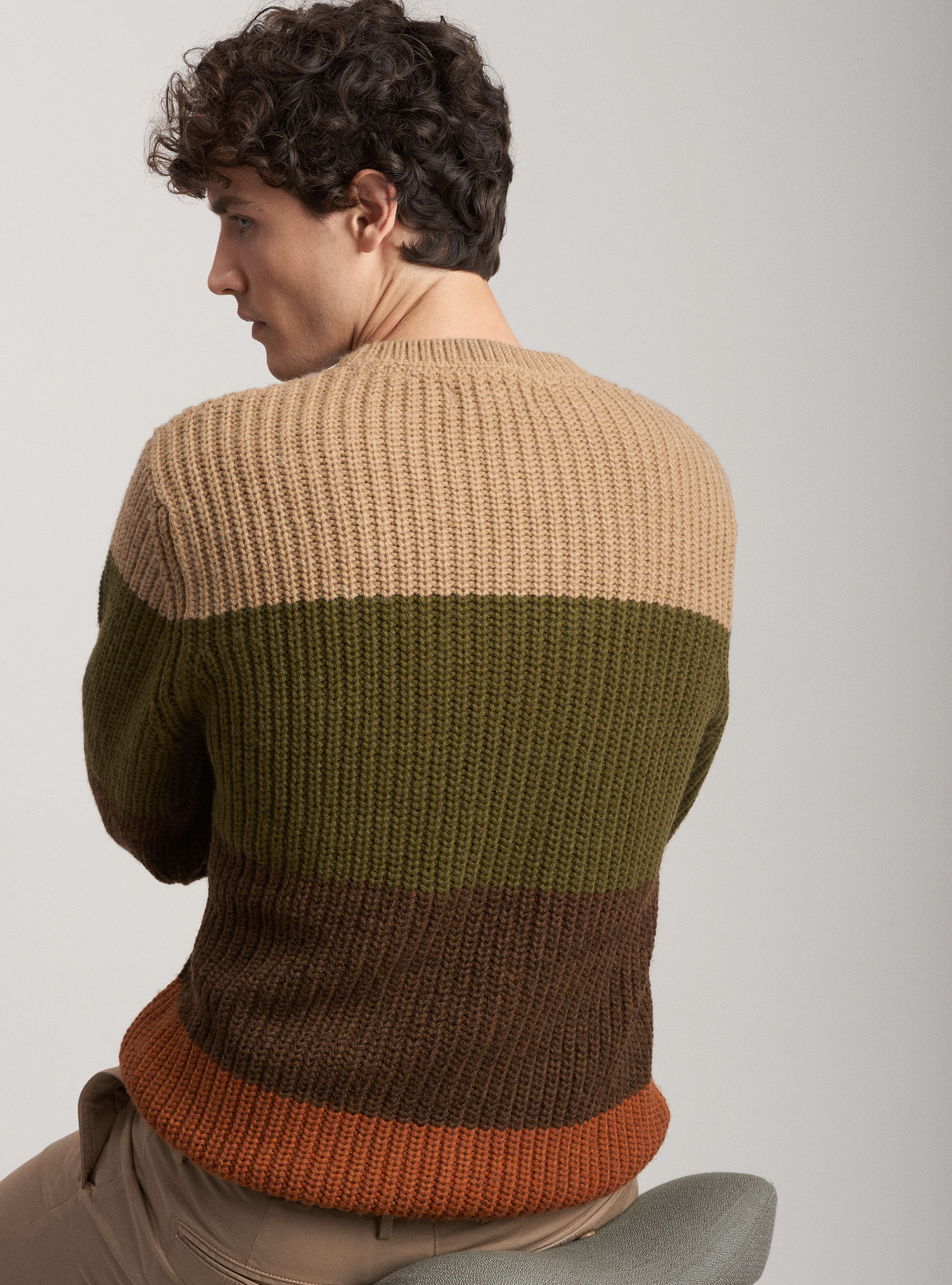 Wool striped round neck pullover, SAND